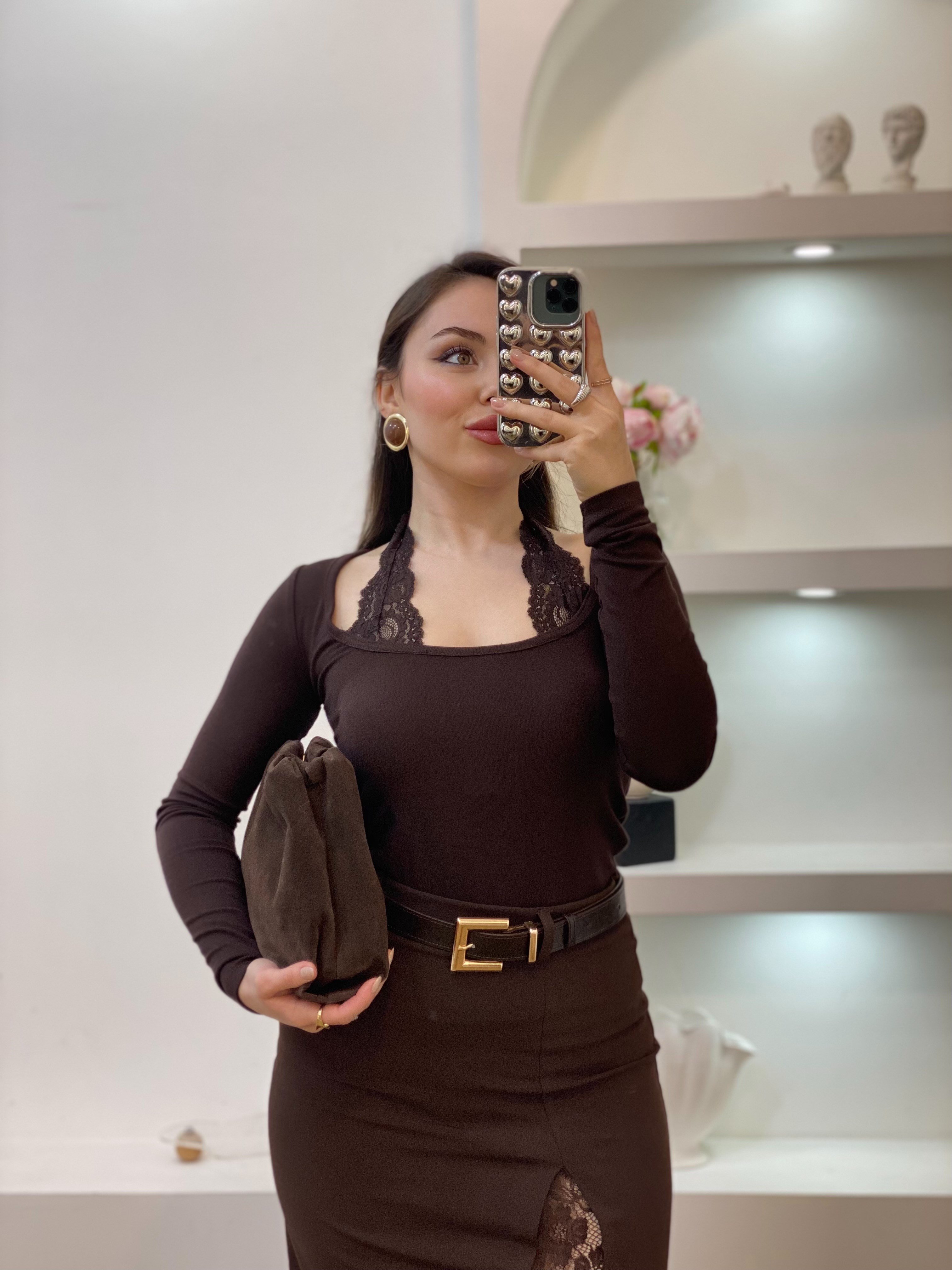 Q Marka Dantel Detaylı Kahve Bluz 