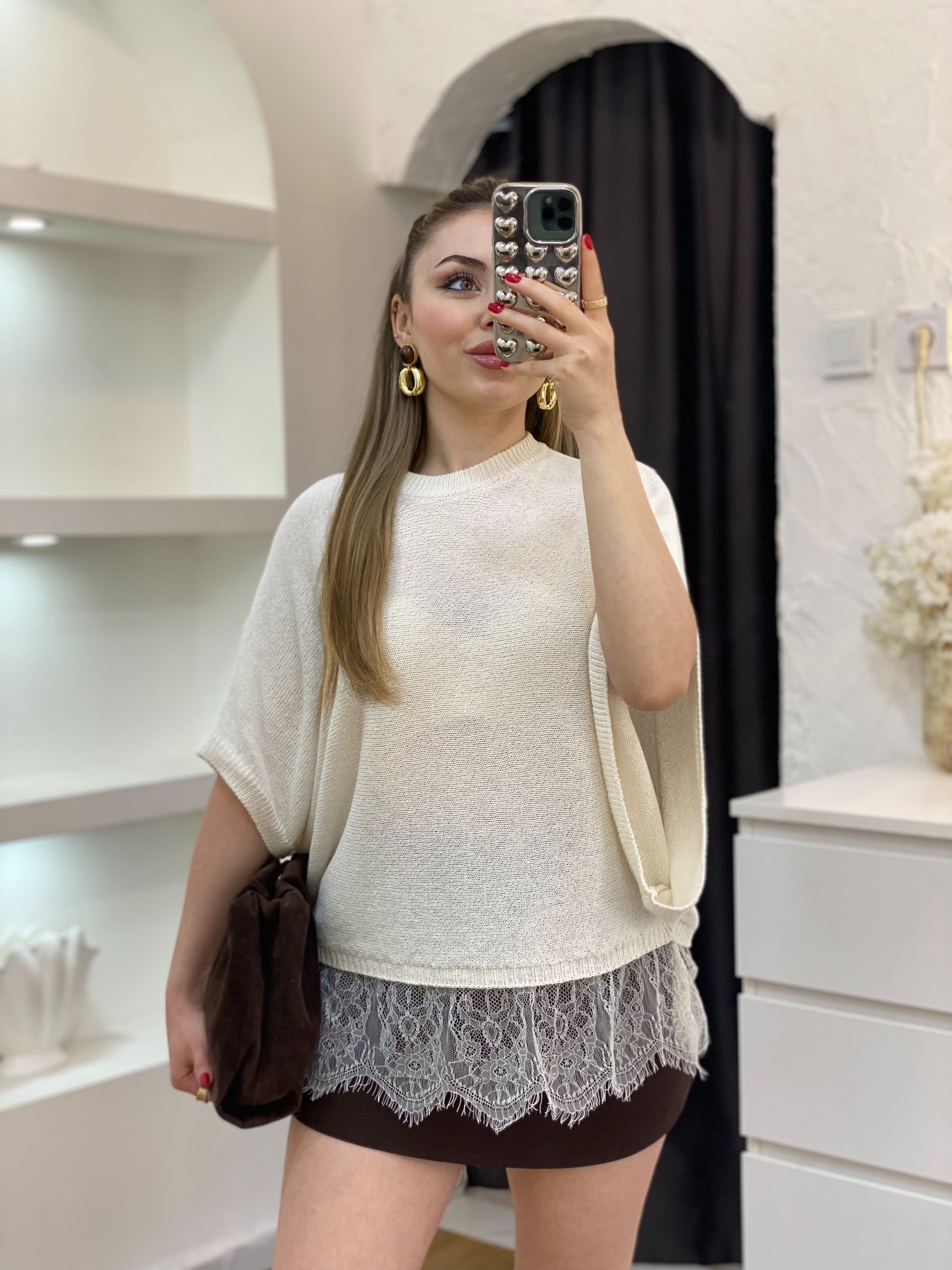 Q Marka Ekru Dantel Detaylı Triko Bluz