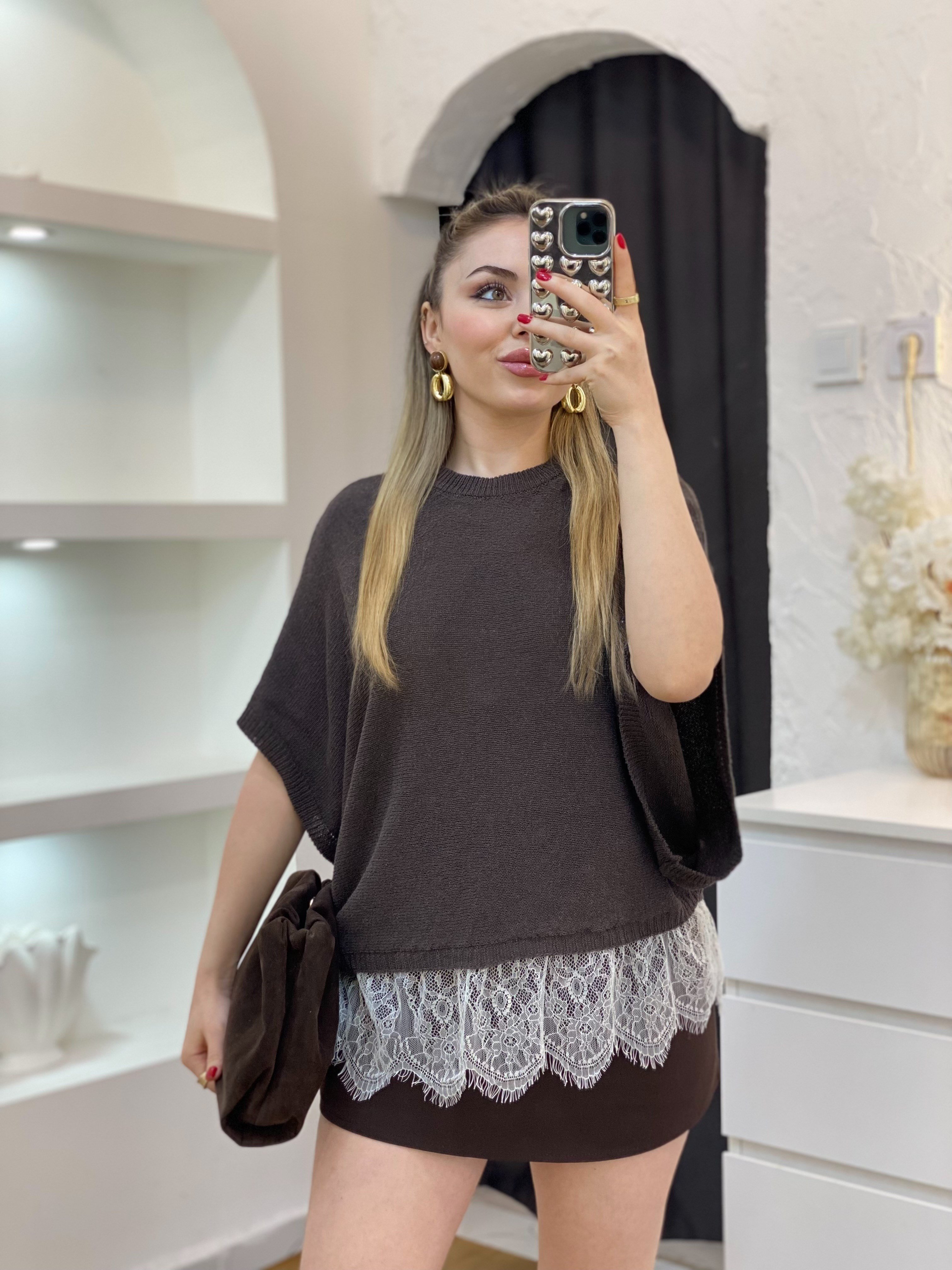 Q Marka Kahve Dantel Detaylı Triko Bluz