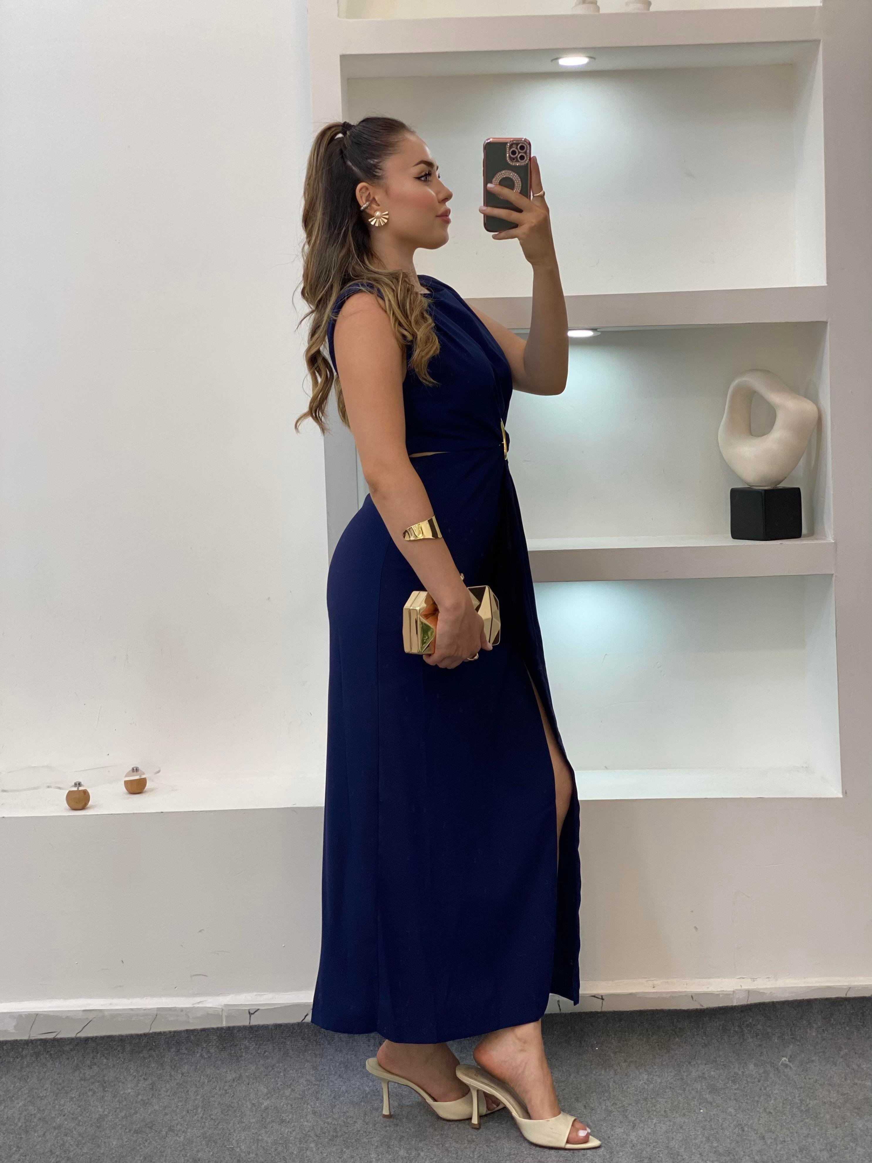 Q Marka Lacivert Beli Mini Dekolteli Elbise