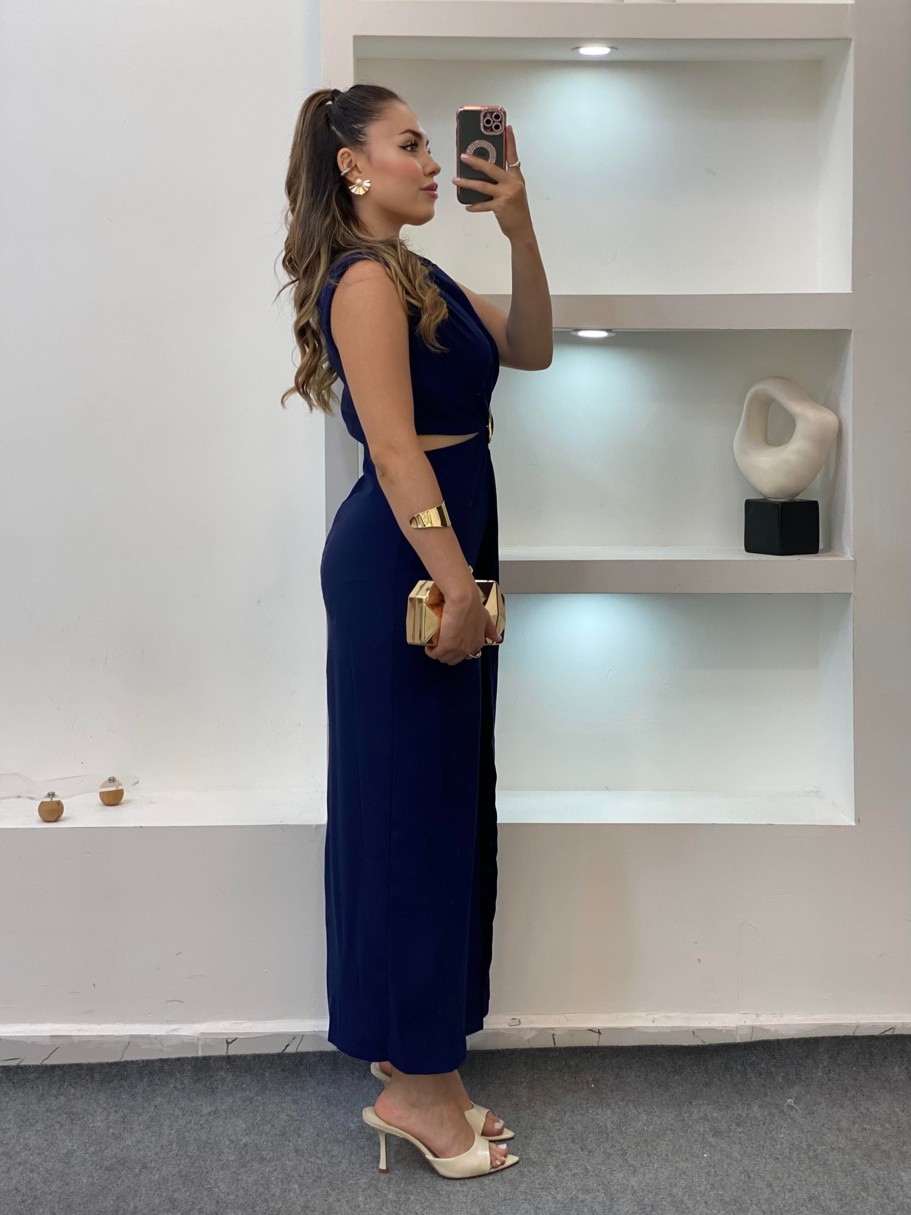 Q Marka Lacivert Beli Mini Dekolteli Elbise