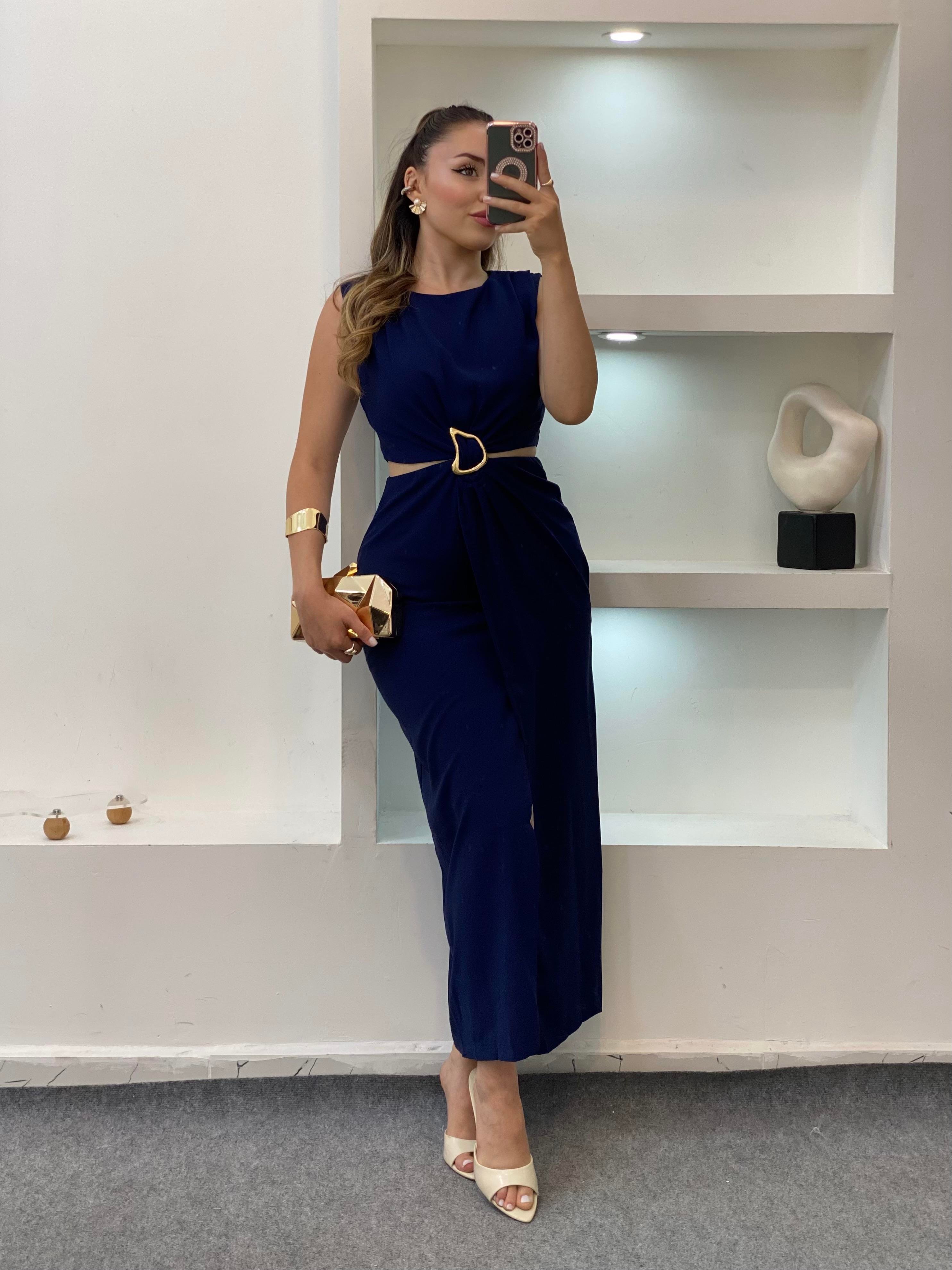 Q Marka Lacivert Beli Mini Dekolteli Elbise