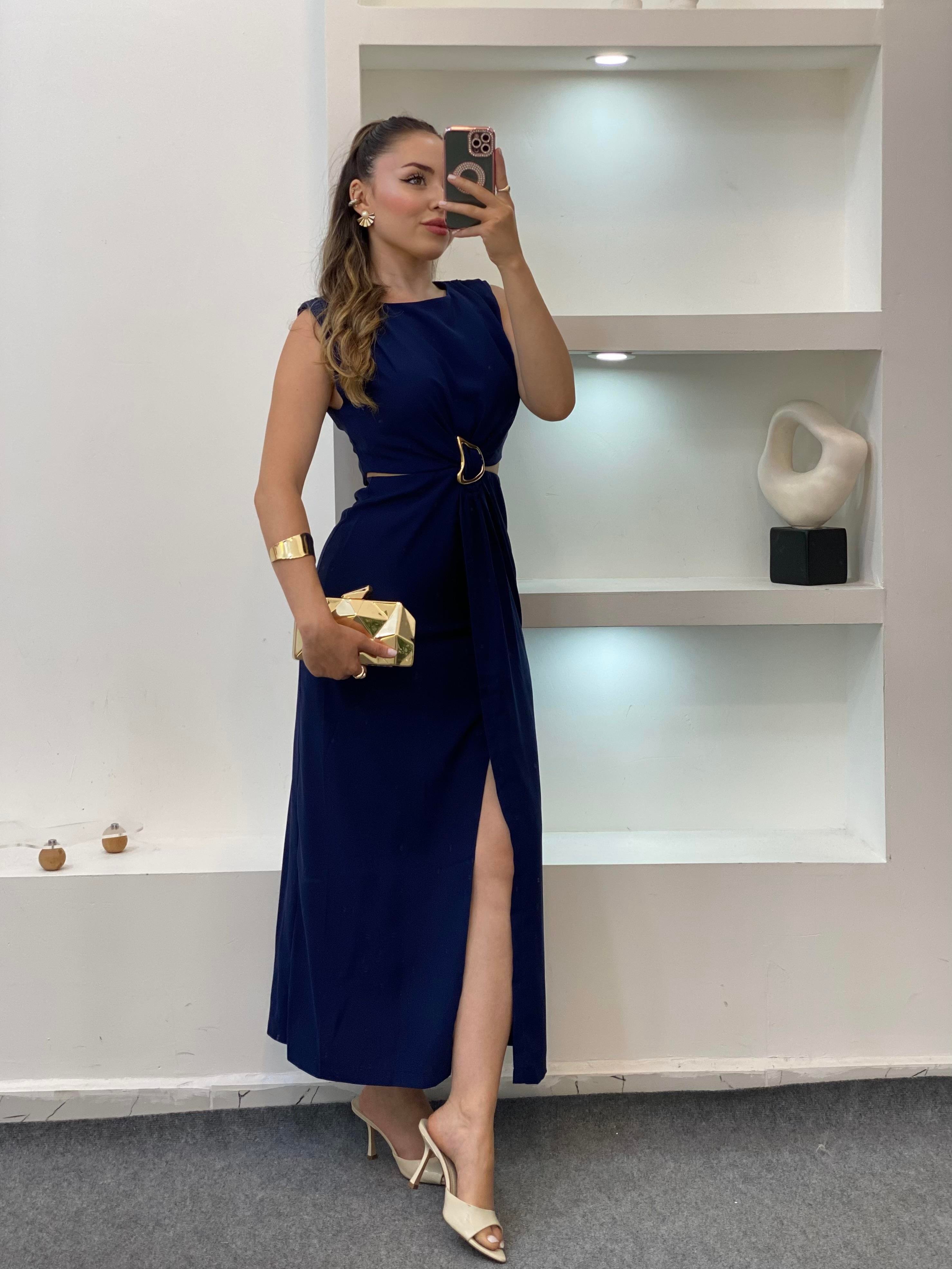 Q Marka Lacivert Beli Mini Dekolteli Elbise