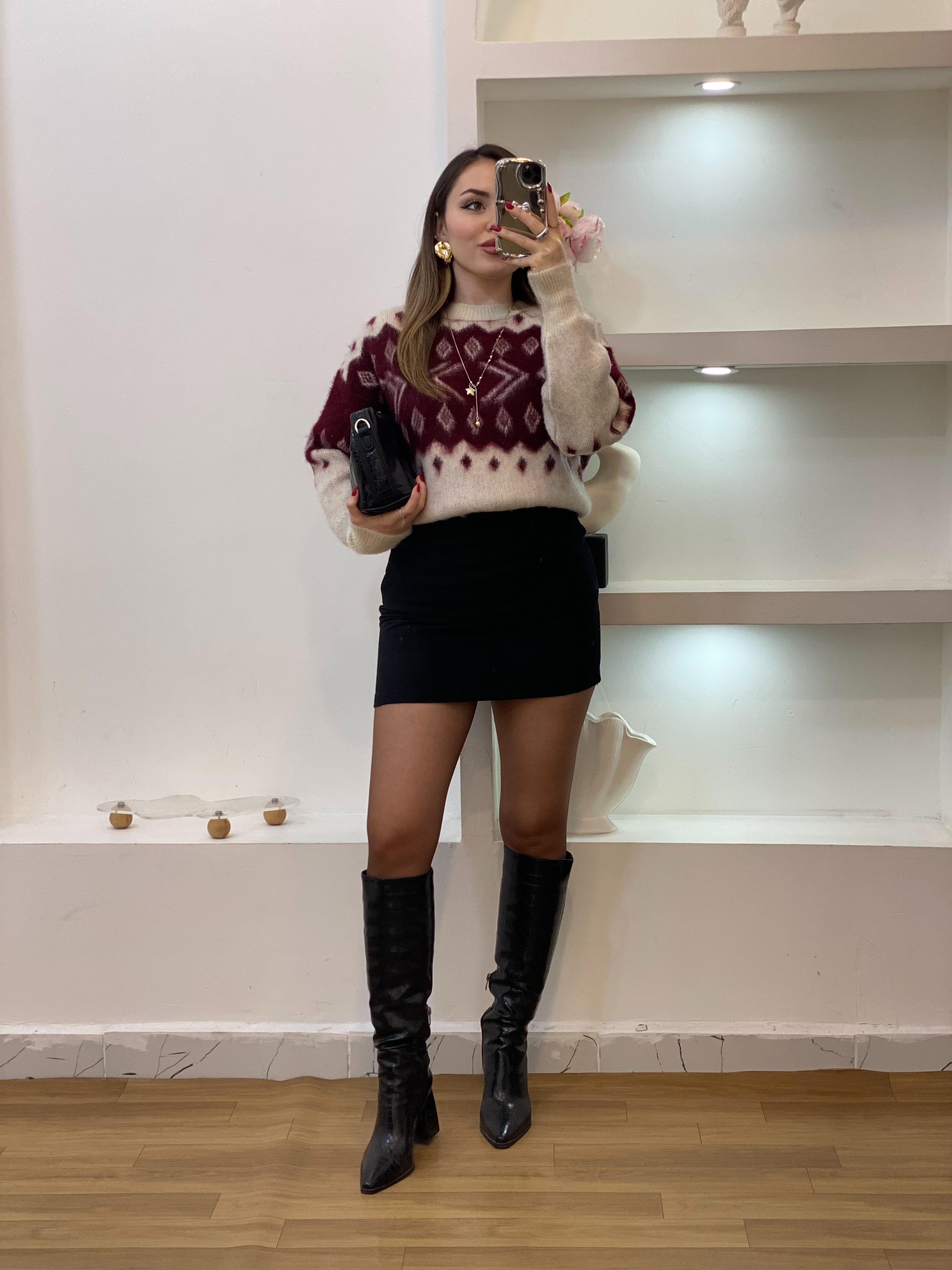 Q Marka Lüx Kalite Bordo Bej Desenli Kazak