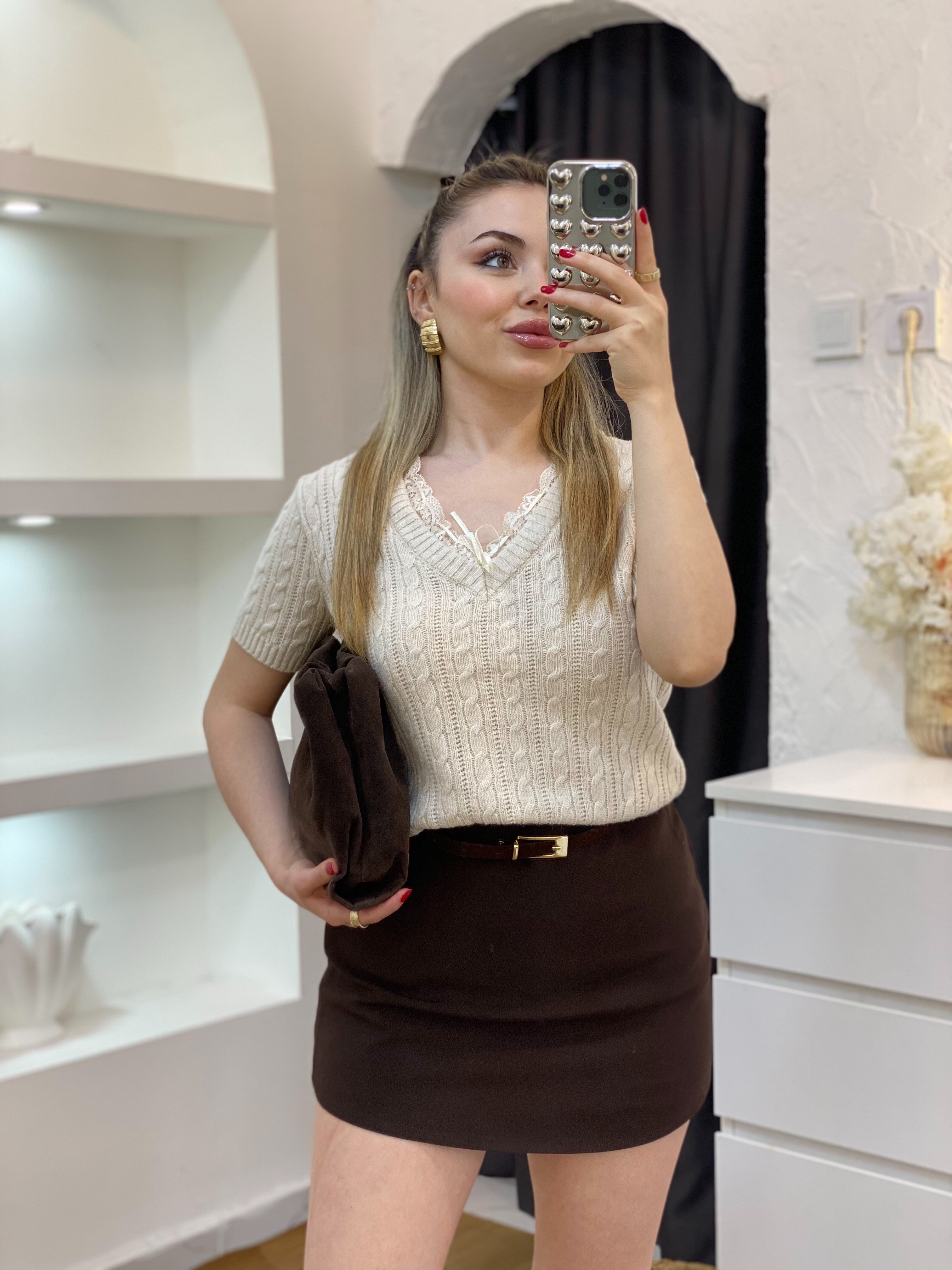 Q Marka Premium Bej Renk Dantel Yaka Triko
