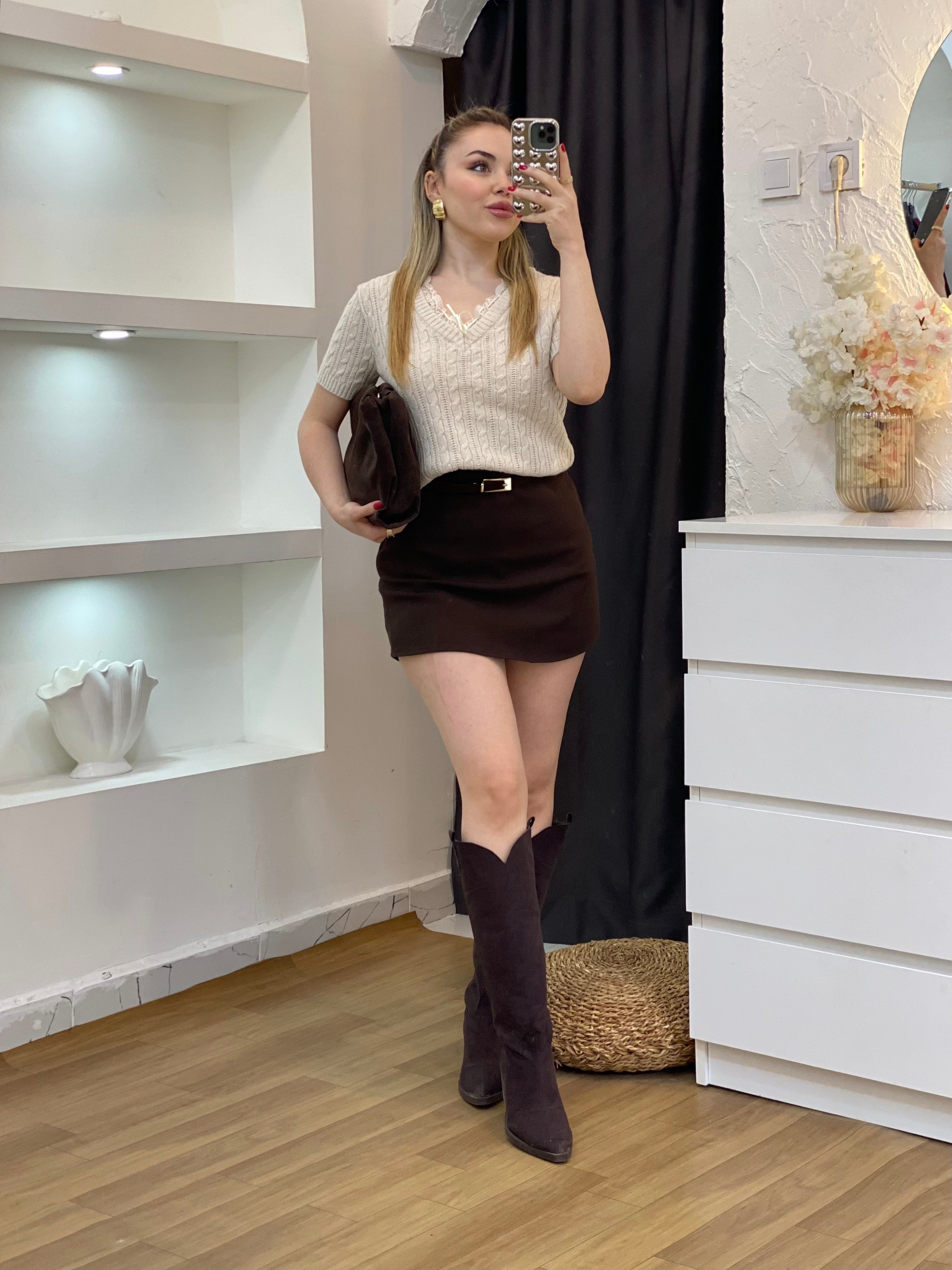 Q Marka Premium Bej Renk Dantel Yaka Triko