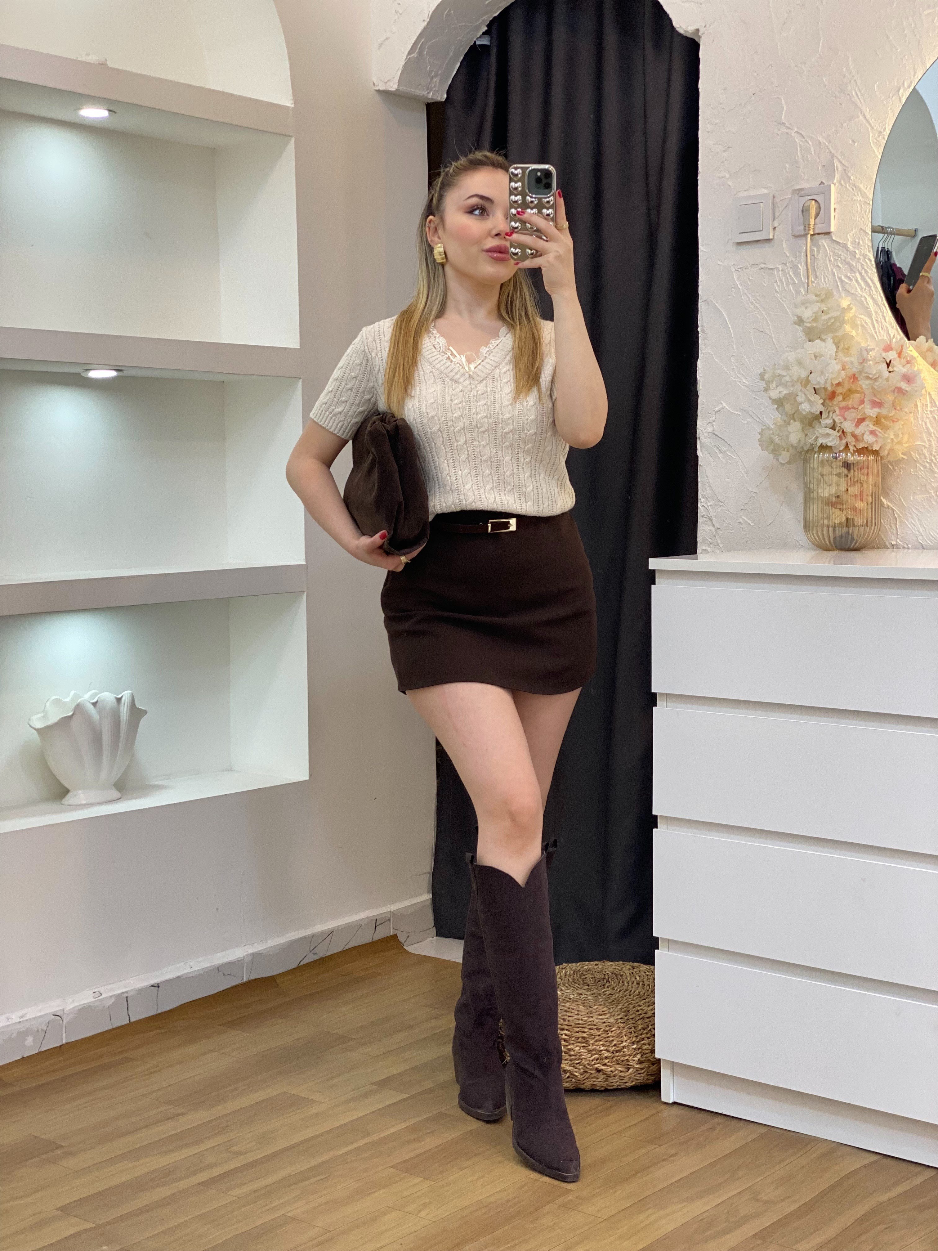 Q Marka Premium Bej Renk Dantel Yaka Triko