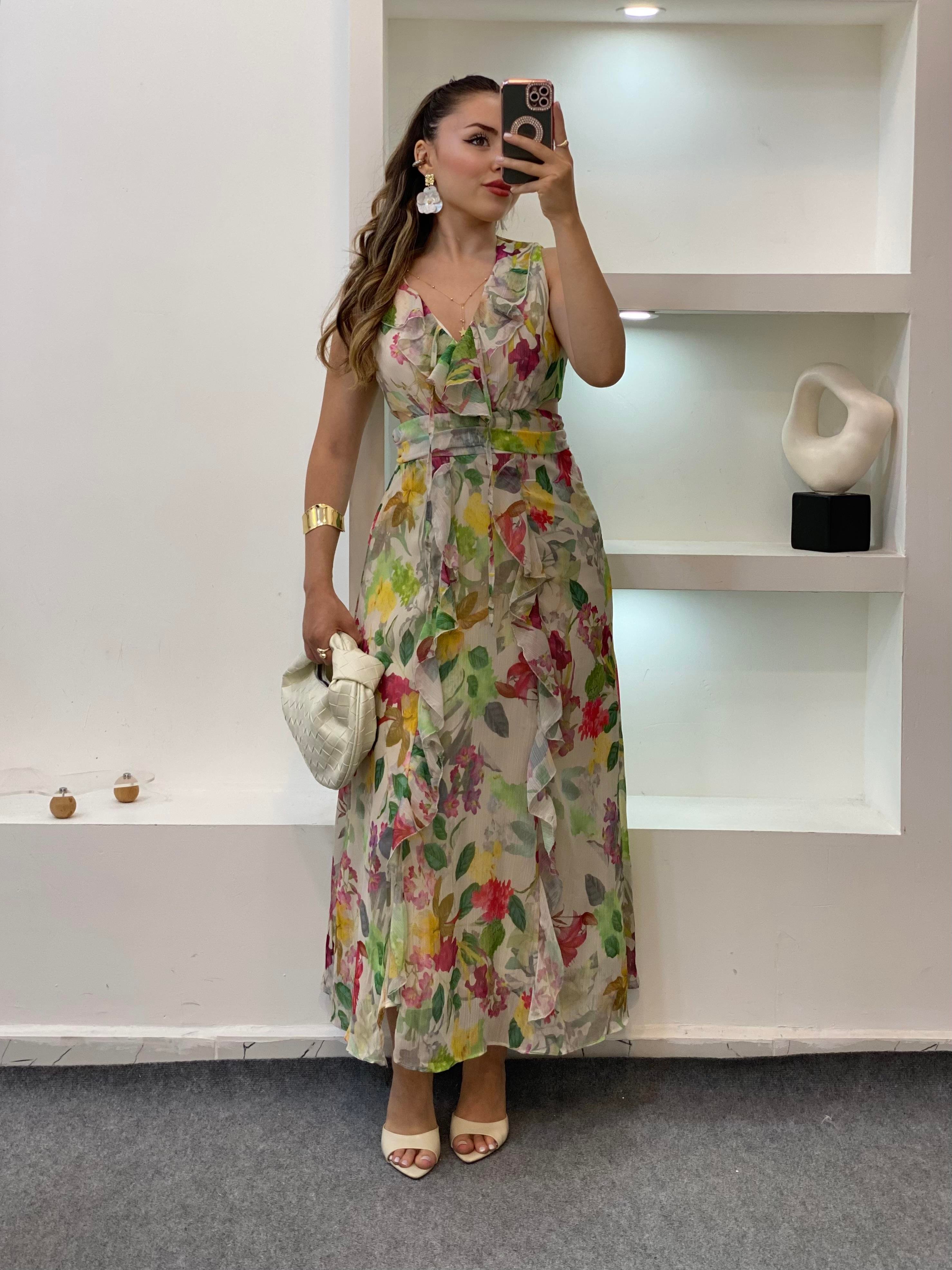 Renkli Bel Dekolteli Floral Elbise
