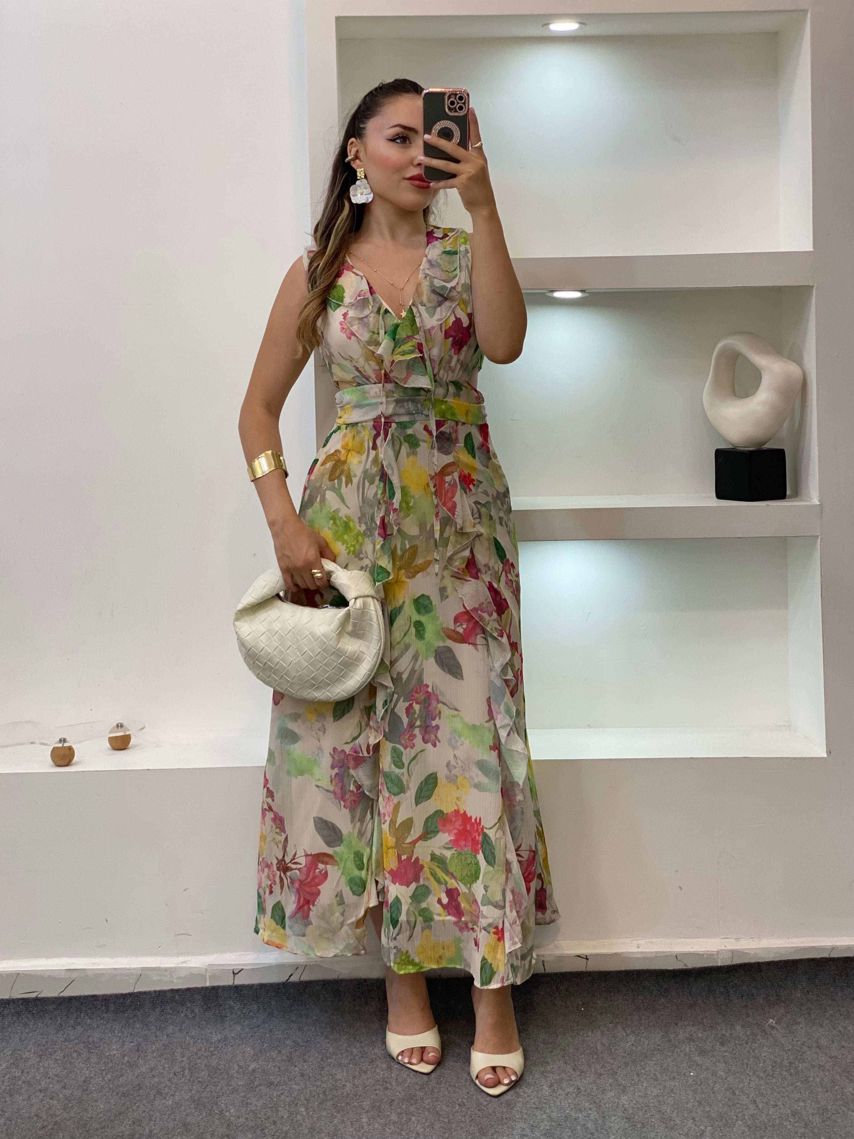 Renkli Bel Dekolteli Floral Elbise