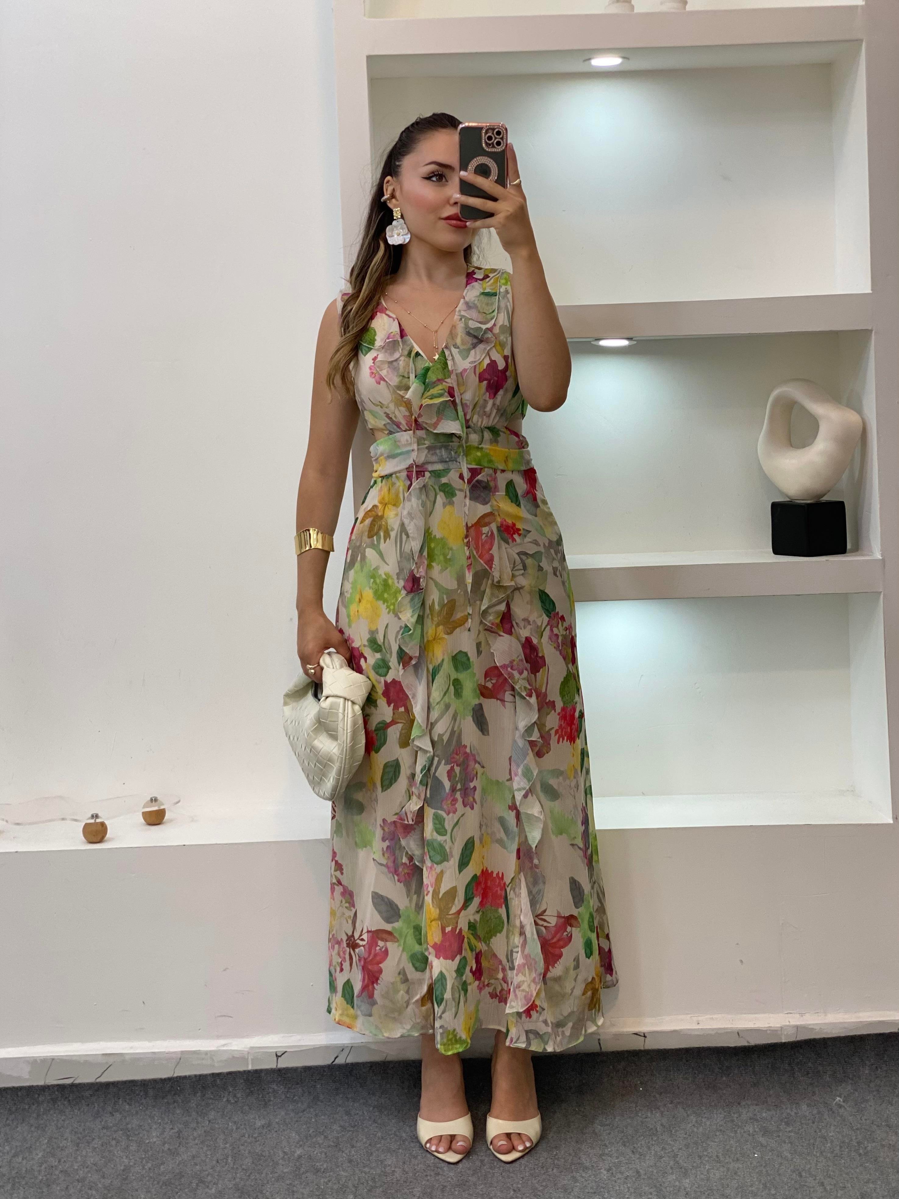 Renkli Bel Dekolteli Floral Elbise