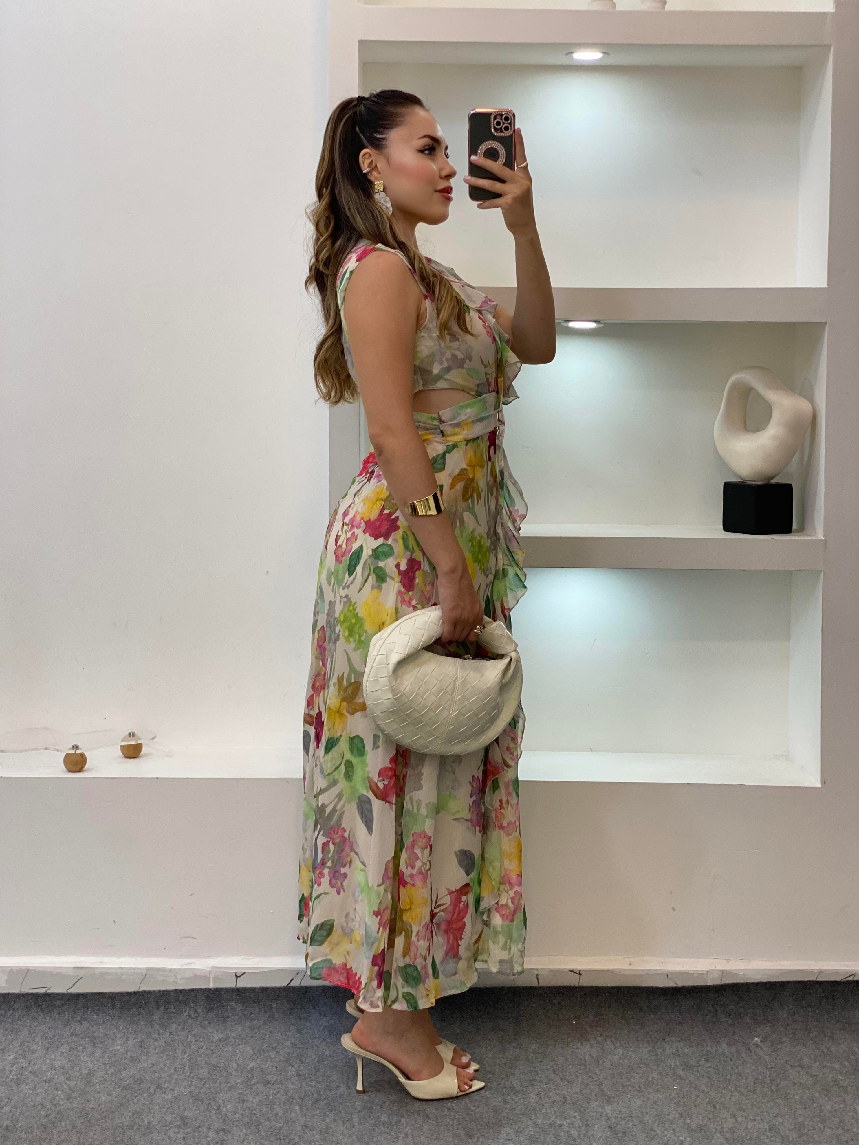 Renkli Bel Dekolteli Floral Elbise