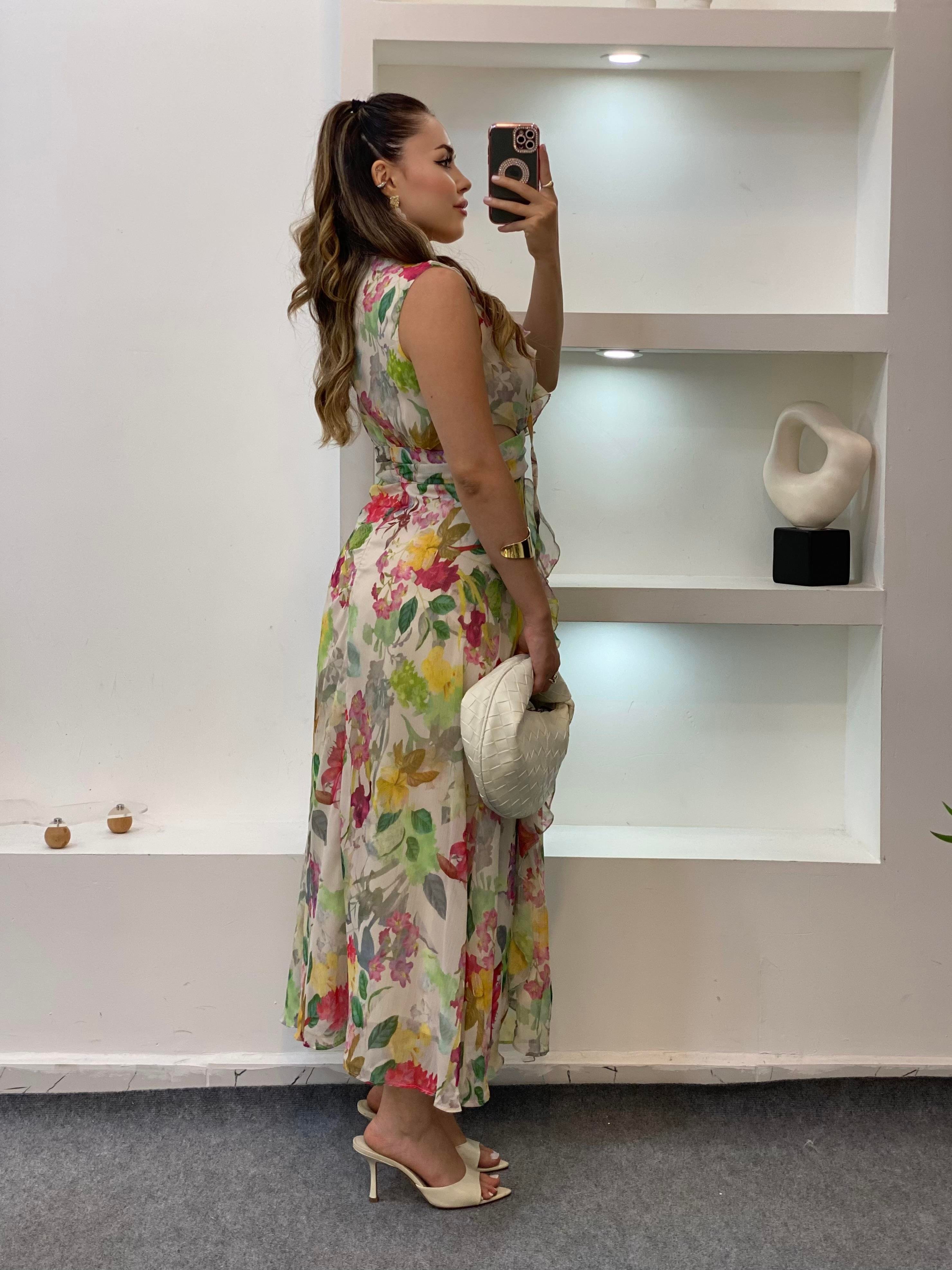 Renkli Bel Dekolteli Floral Elbise