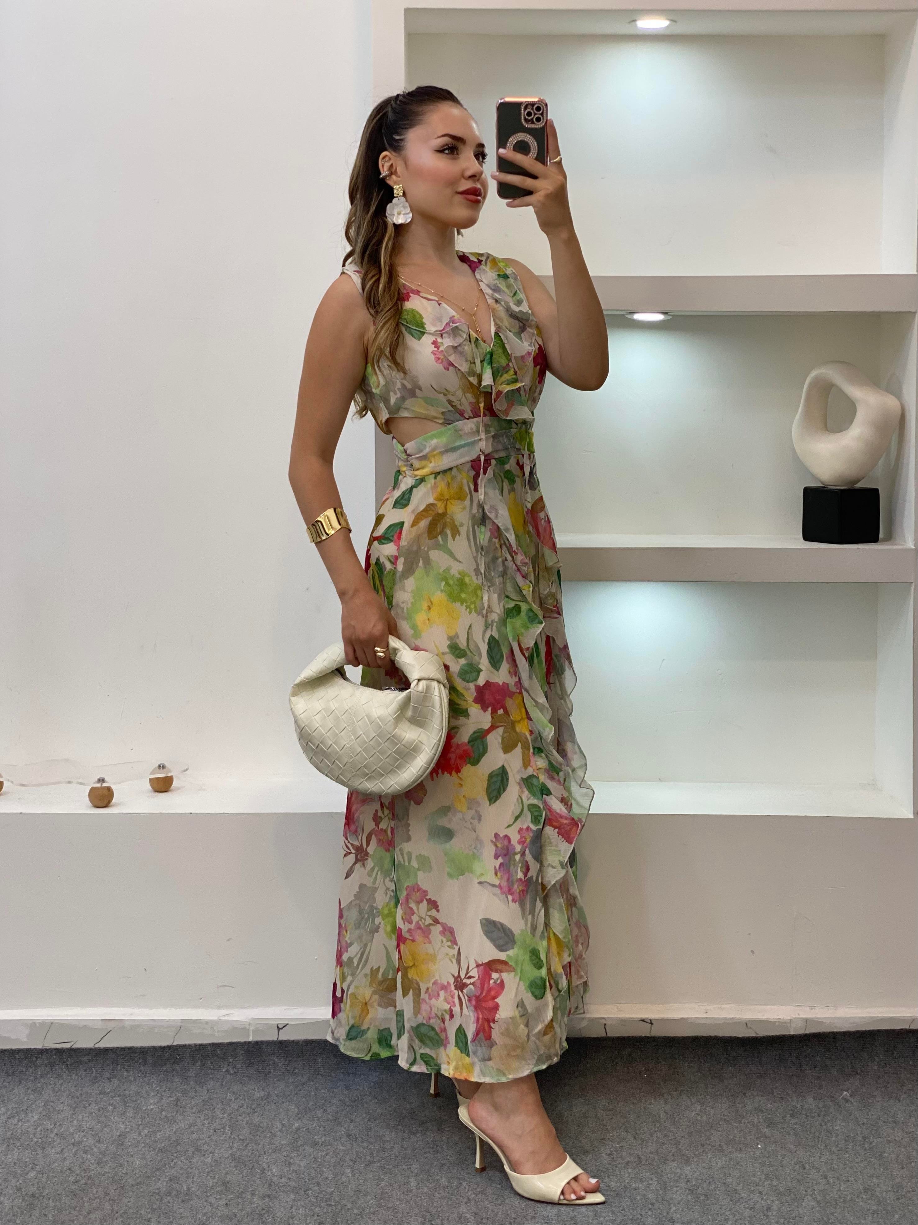 Renkli Bel Dekolteli Floral Elbise