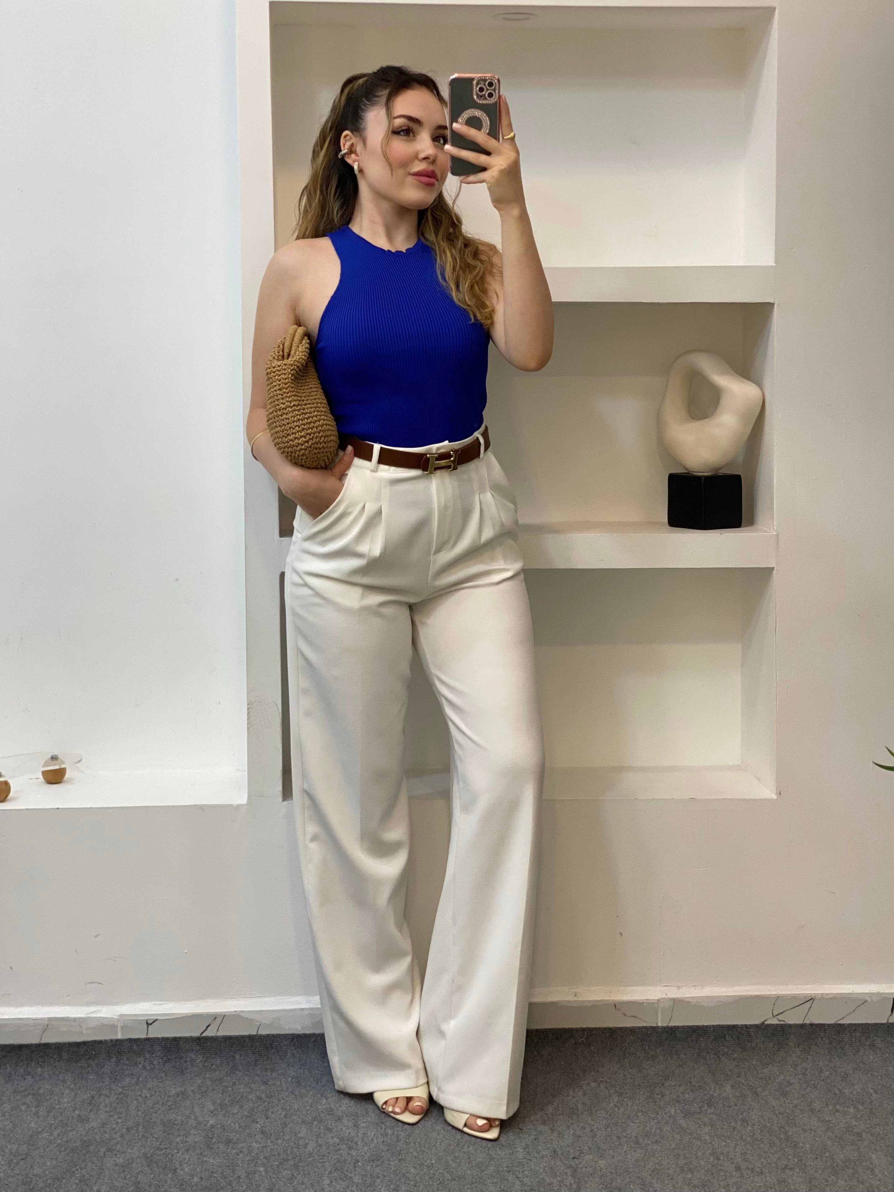 Saks Mavi Kolsuz Basic Triko Bluz