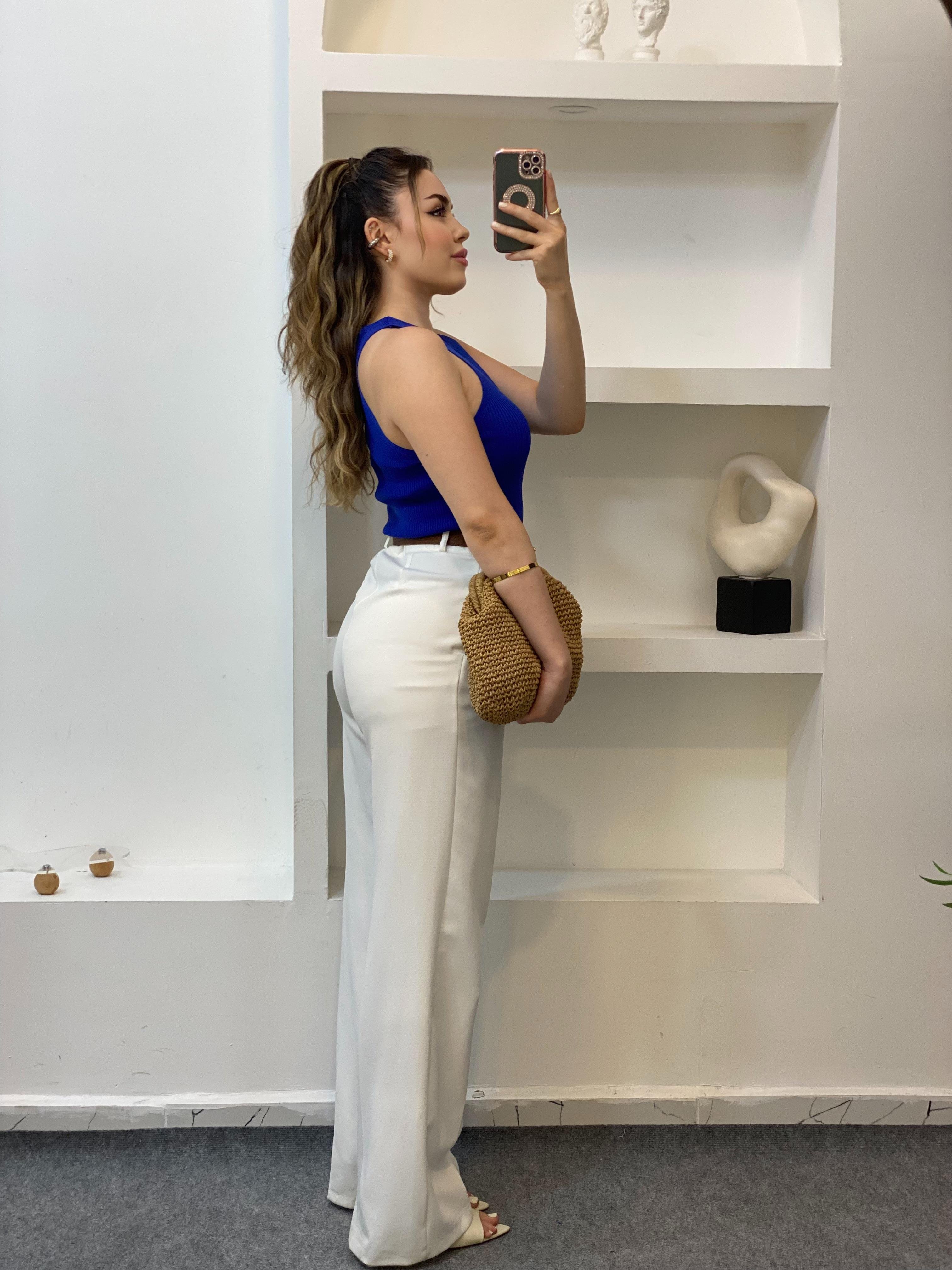 Saks Mavi Kolsuz Basic Triko Bluz