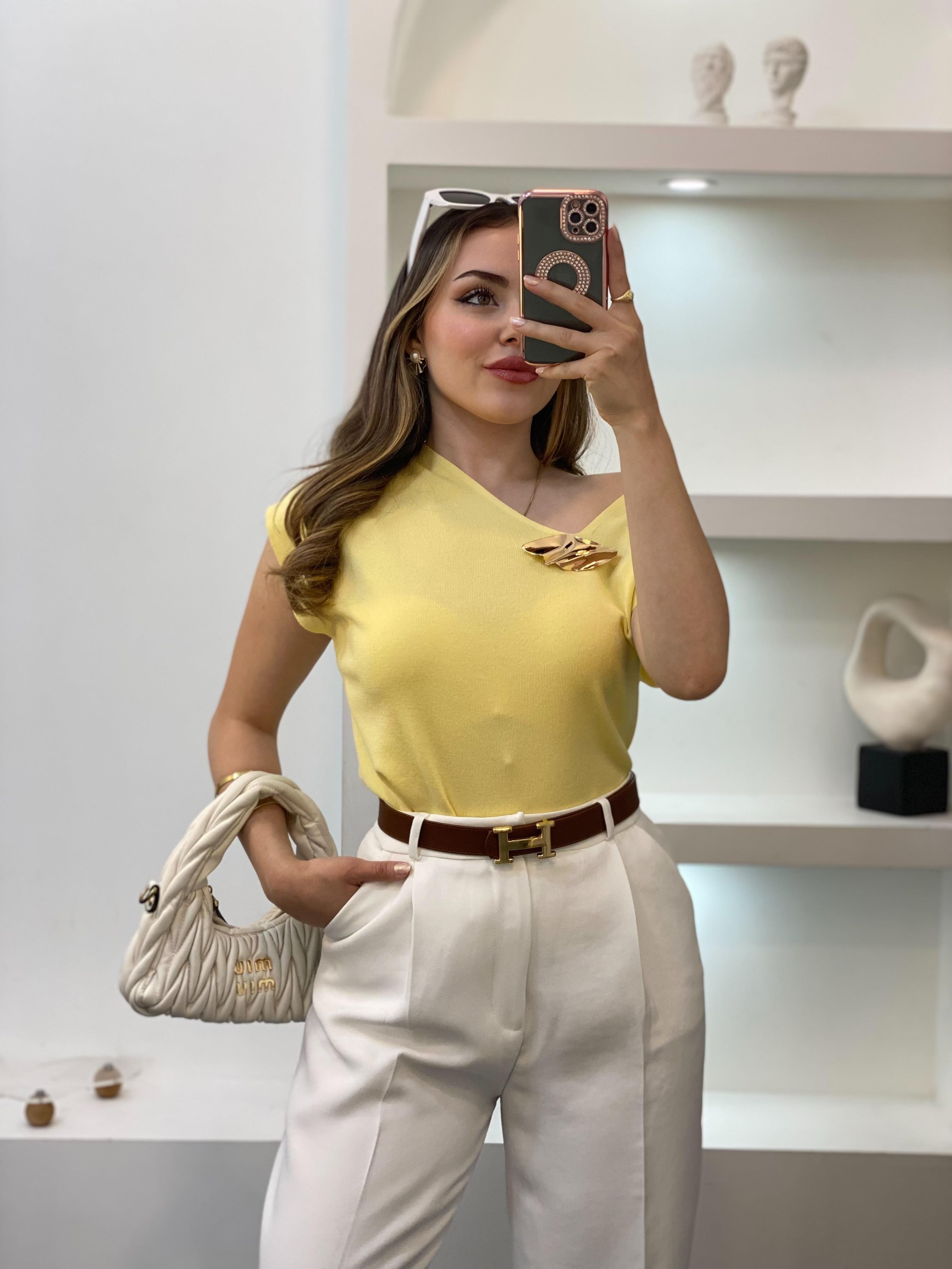 Sarı Gold Toka Detaylı Triko Bluz