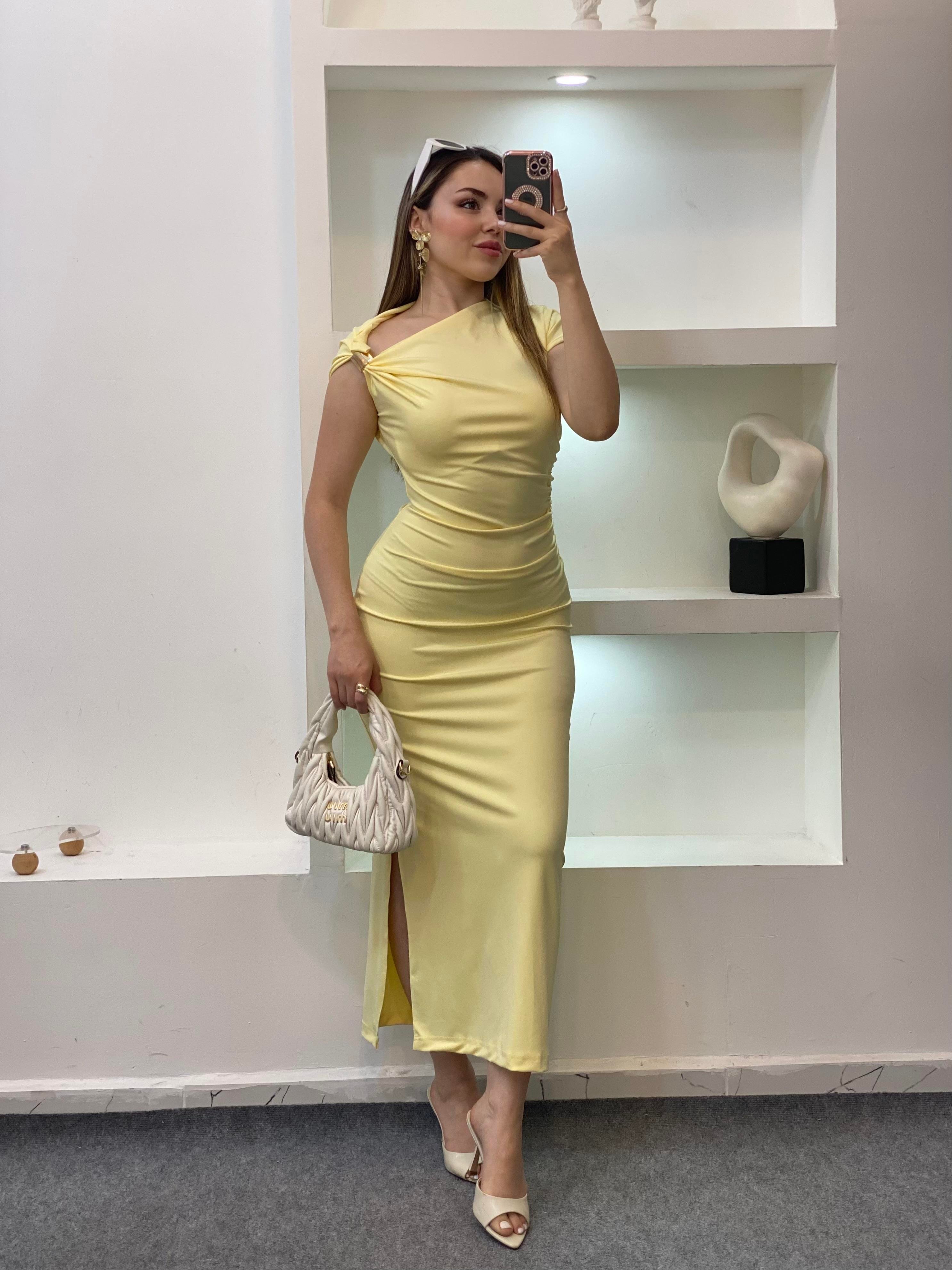 Sarı Omuz Gold Tokalı Elbise