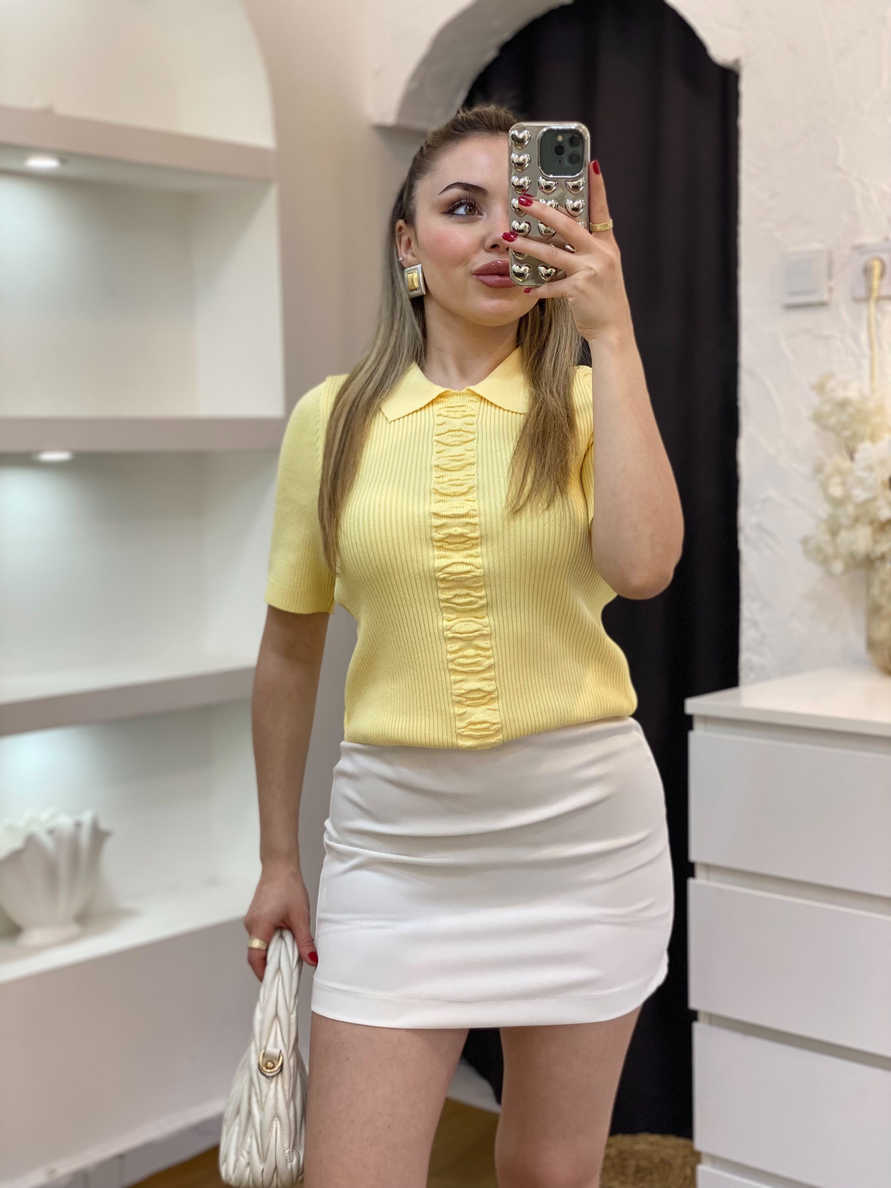 Sarı Önü Desenli Elit Triko Bluz