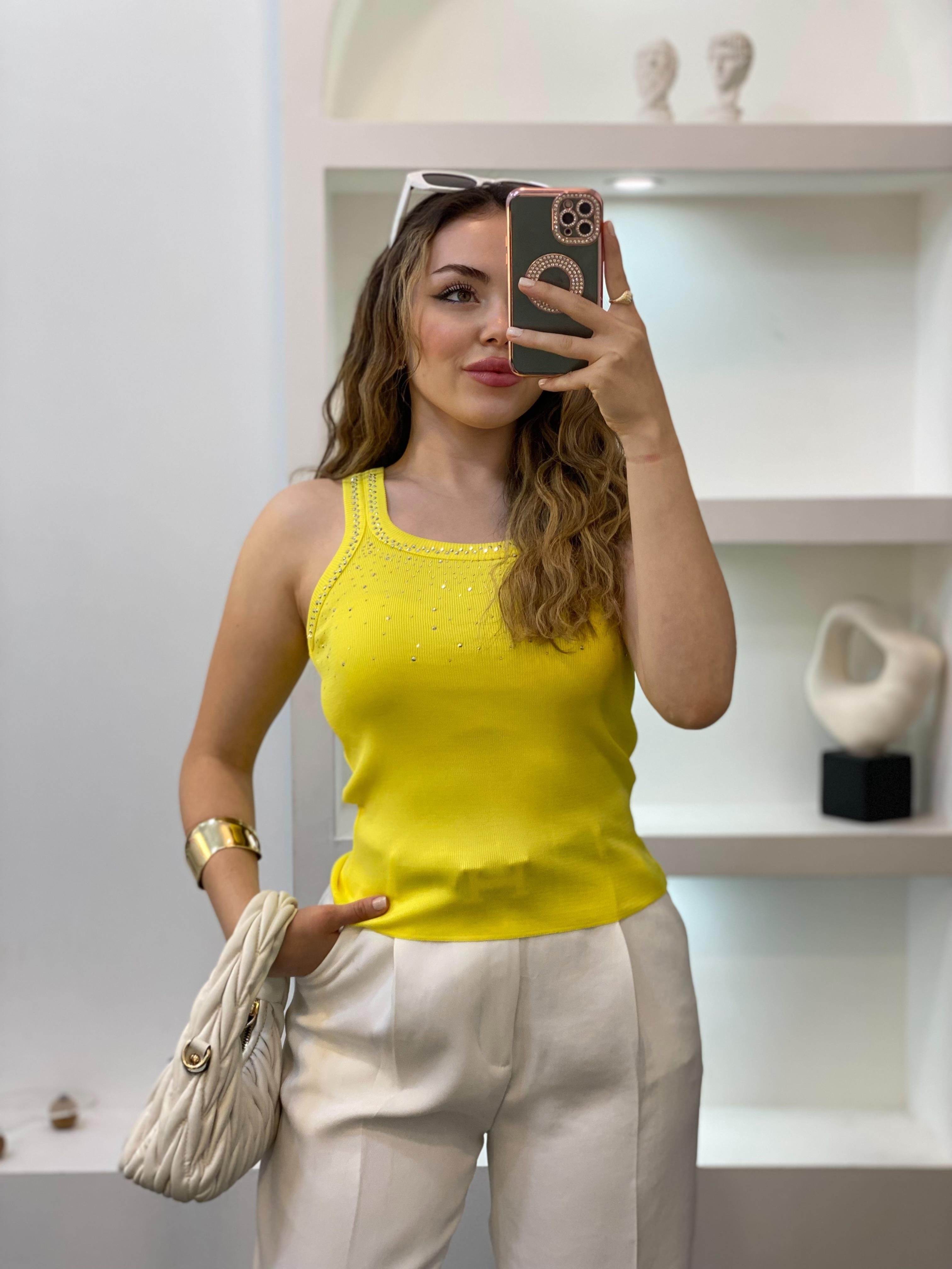 Sarı Önü Parıltılı Taşlı Kalın Askılı Triko Bluz
