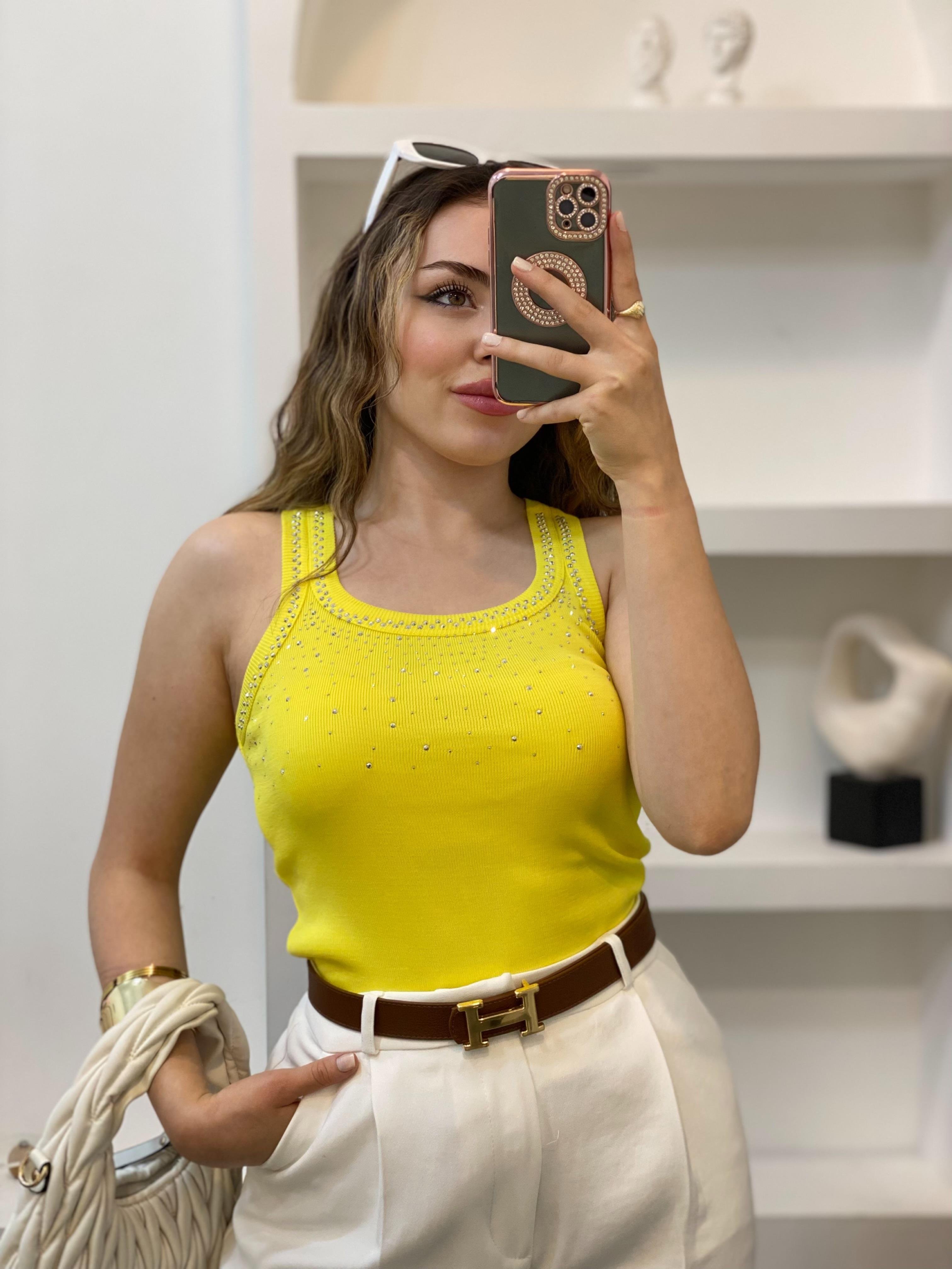 Sarı Önü Parıltılı Taşlı Kalın Askılı Triko Bluz