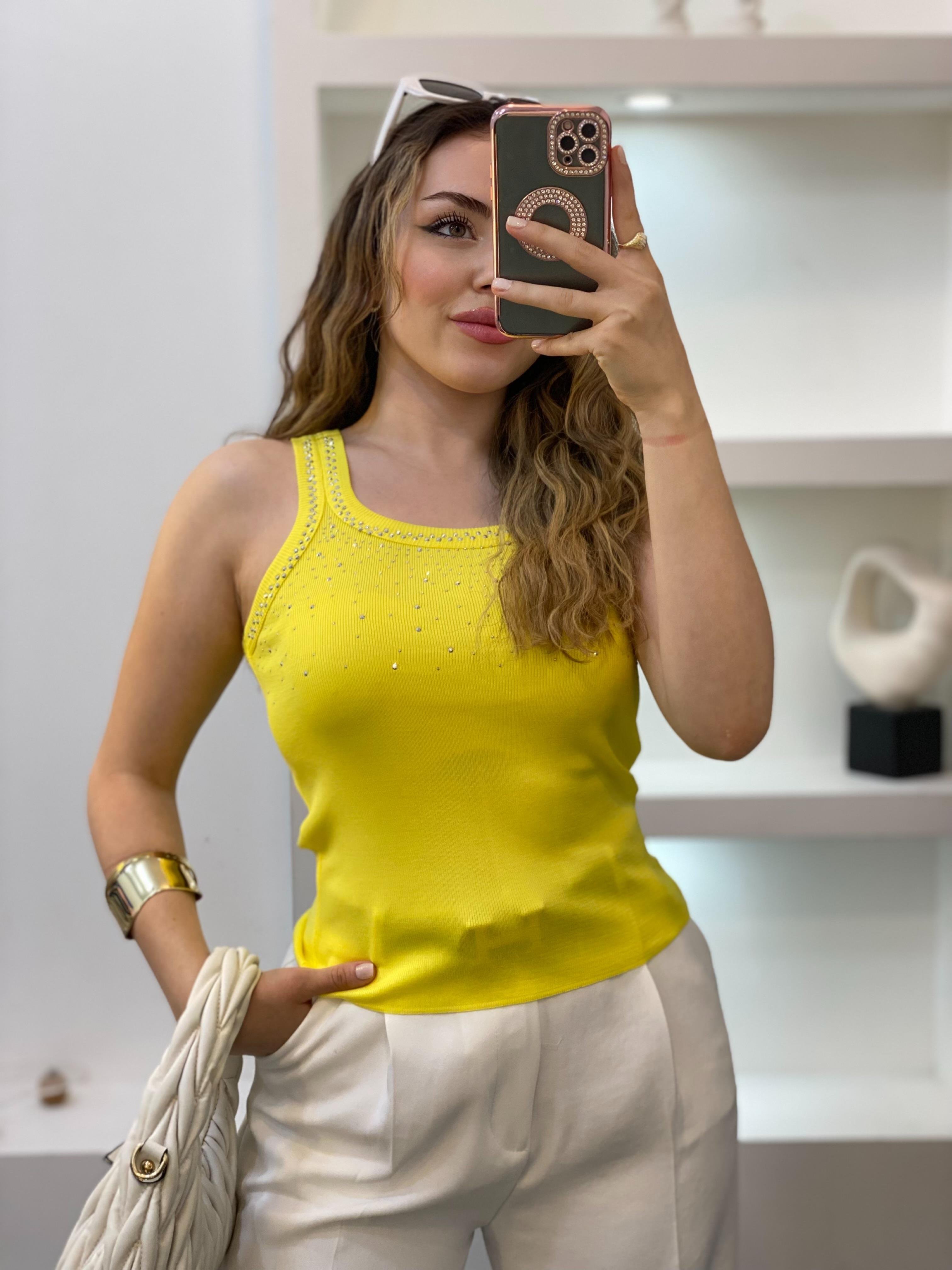 Sarı Önü Parıltılı Taşlı Kalın Askılı Triko Bluz