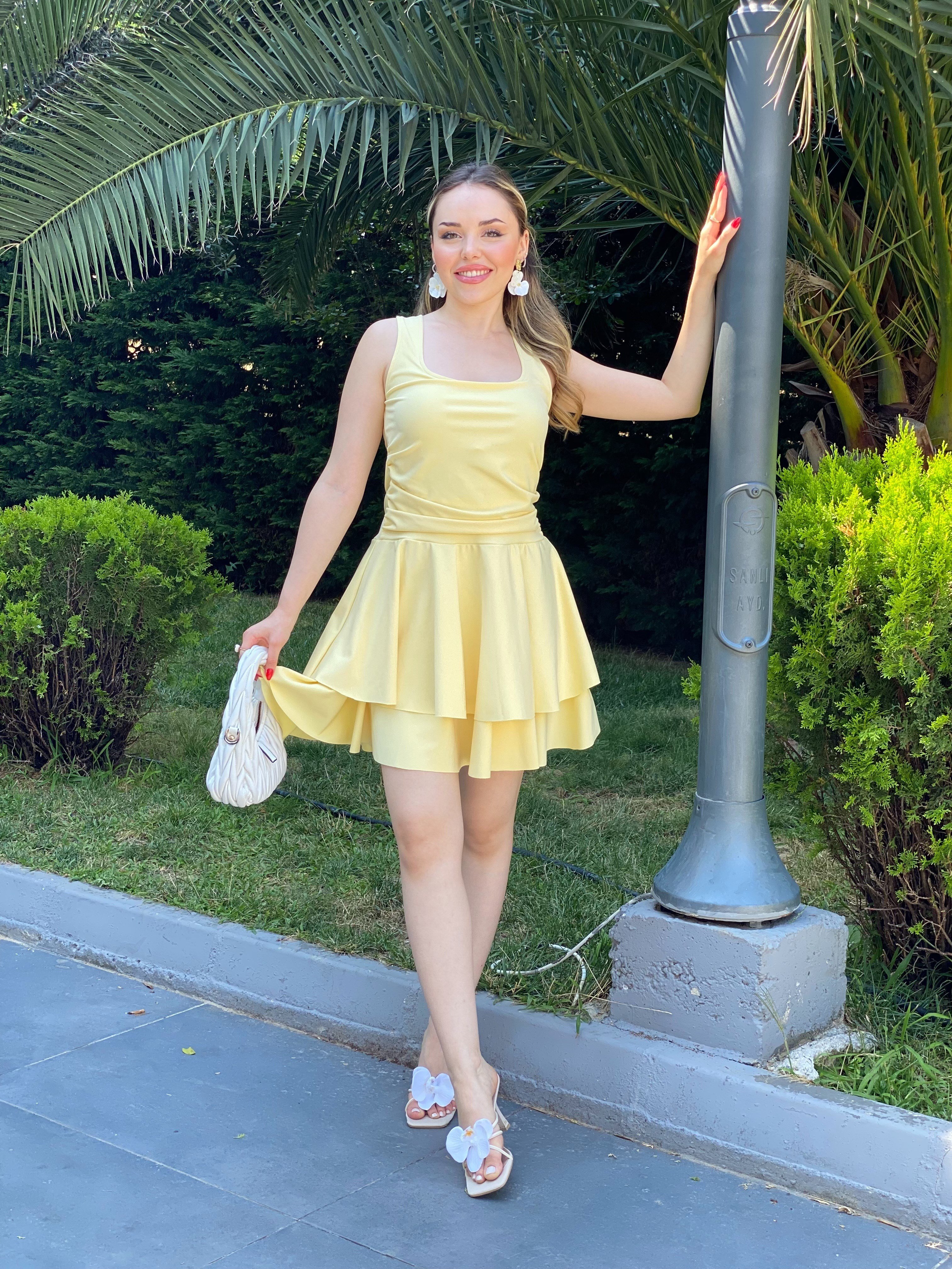 Sarı Renk Likralı Katlı Elbise 