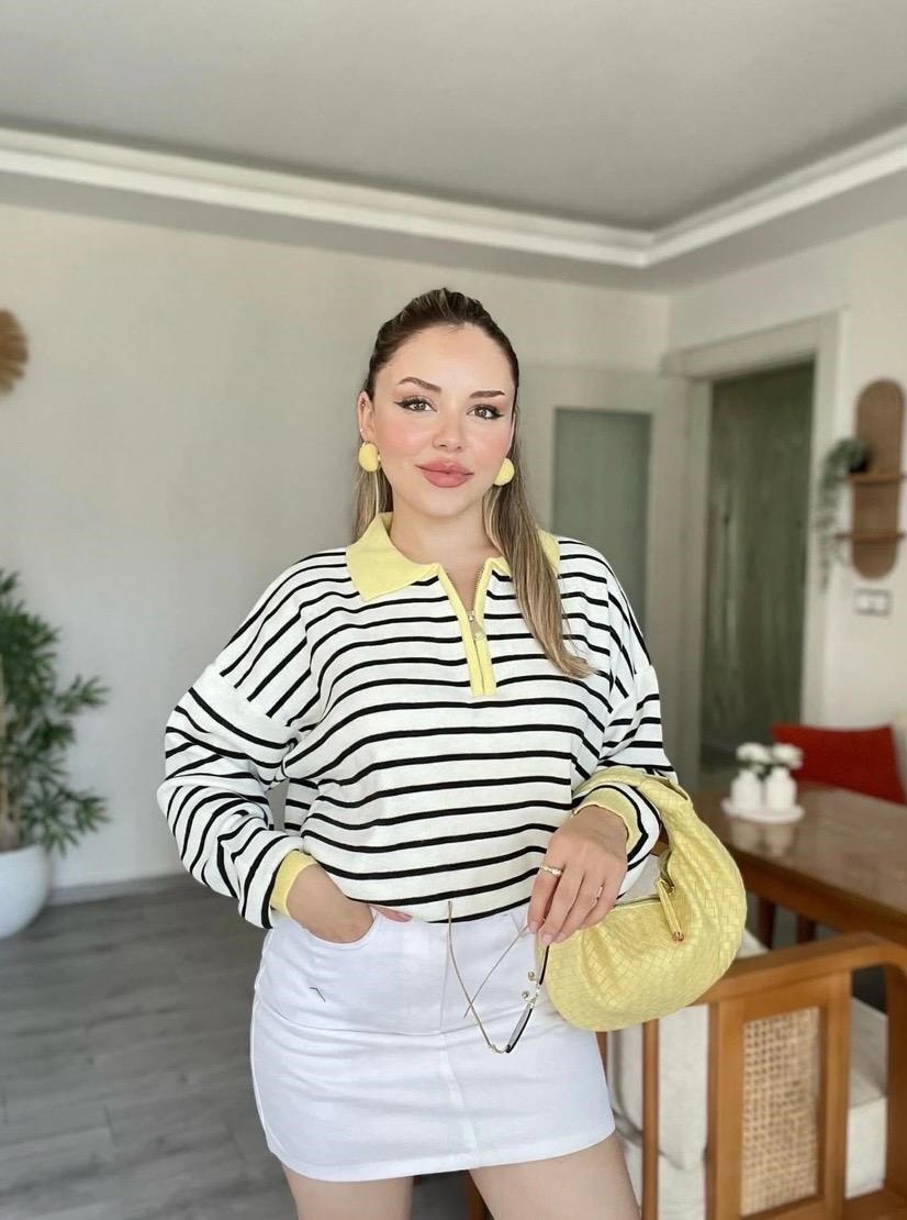 Sarı Siyah Çizgili Polo Yaka Triko 