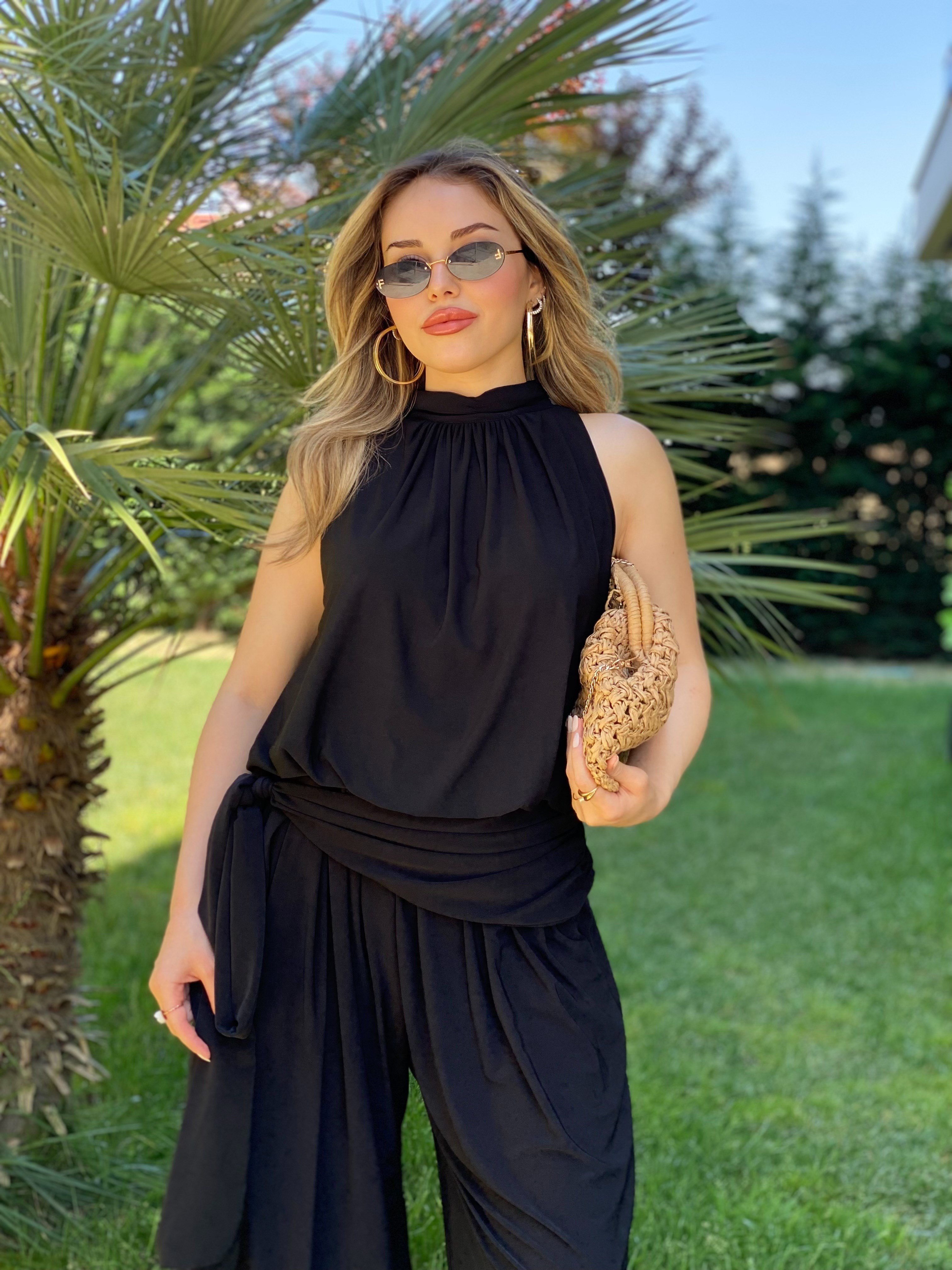 Siyah 3 lü Sandy Kumaş Likralı Takım