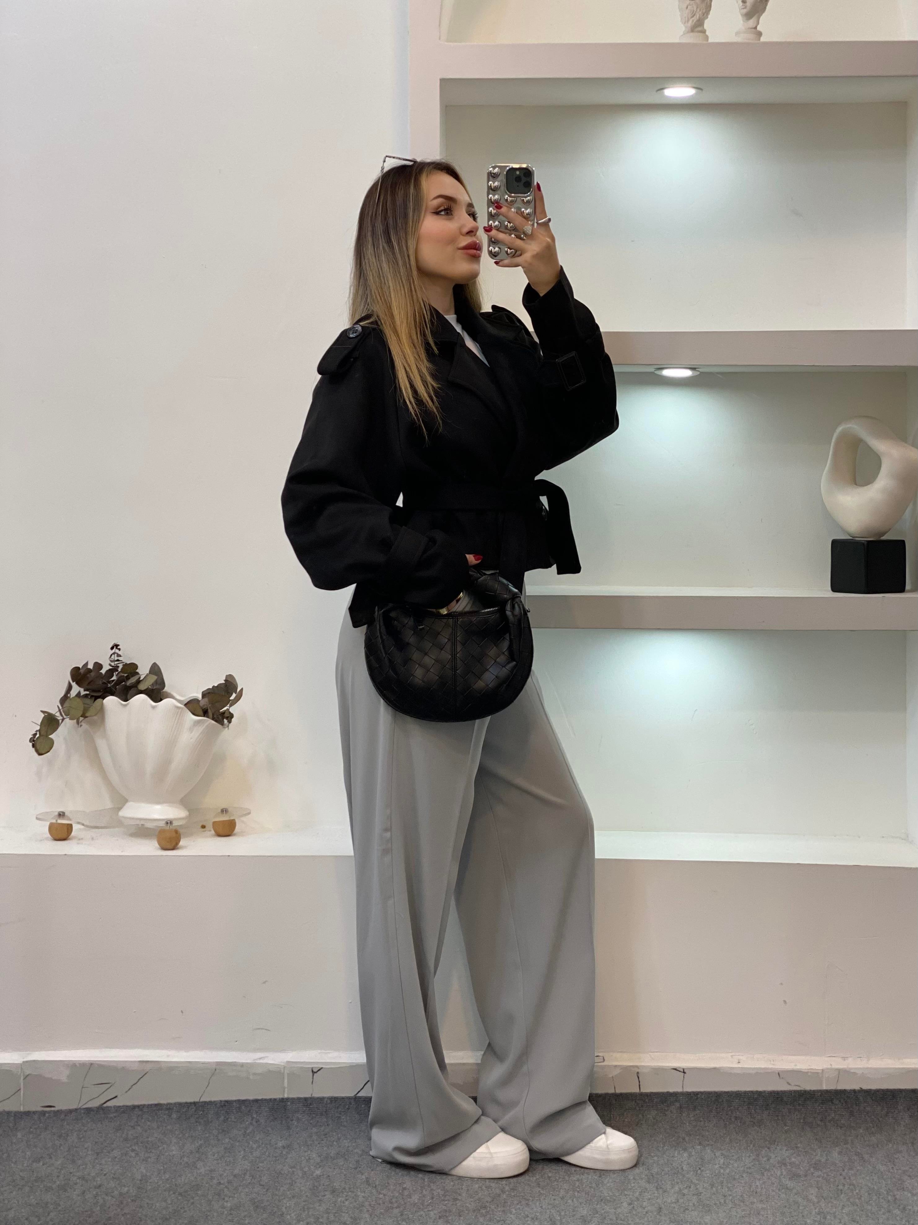 Siyah Apoletli Kuşaklı Model Süet Ceket