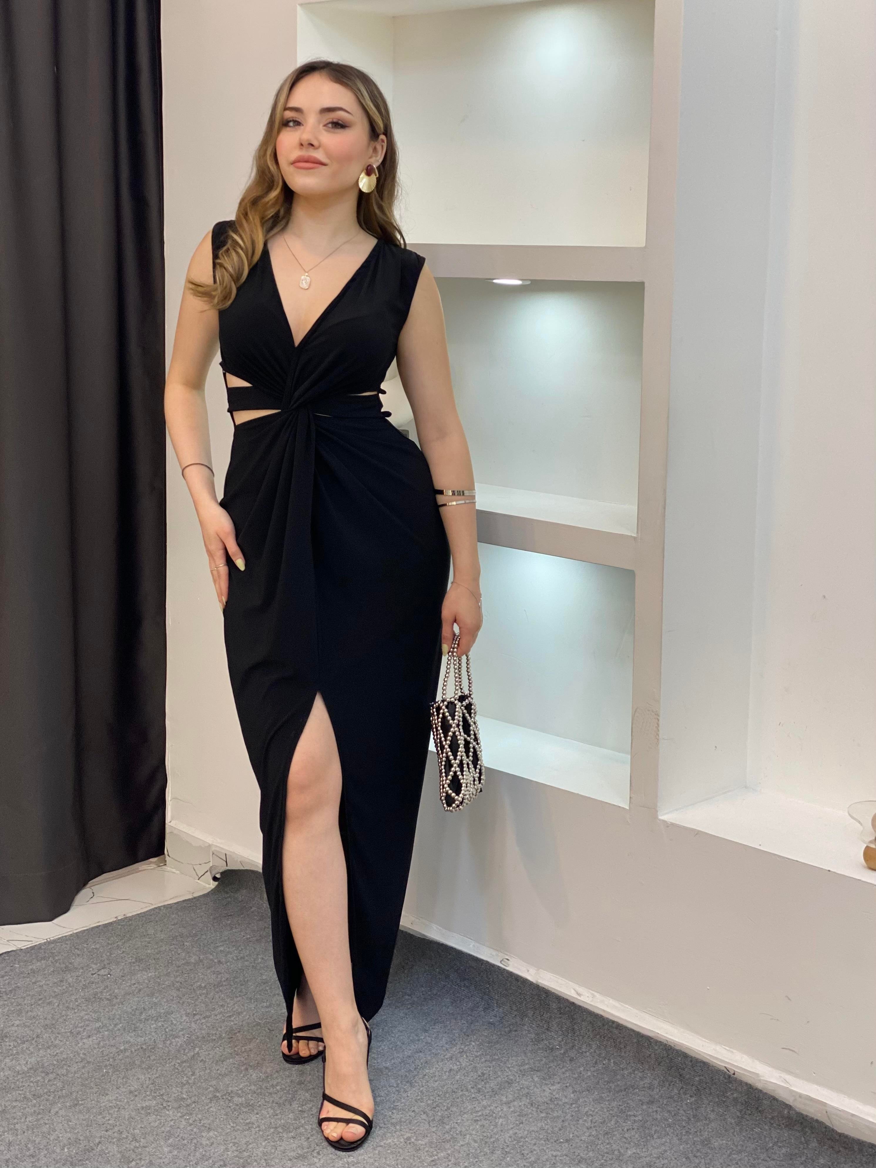 Siyah Bel Düğümlü Sandy Elbise