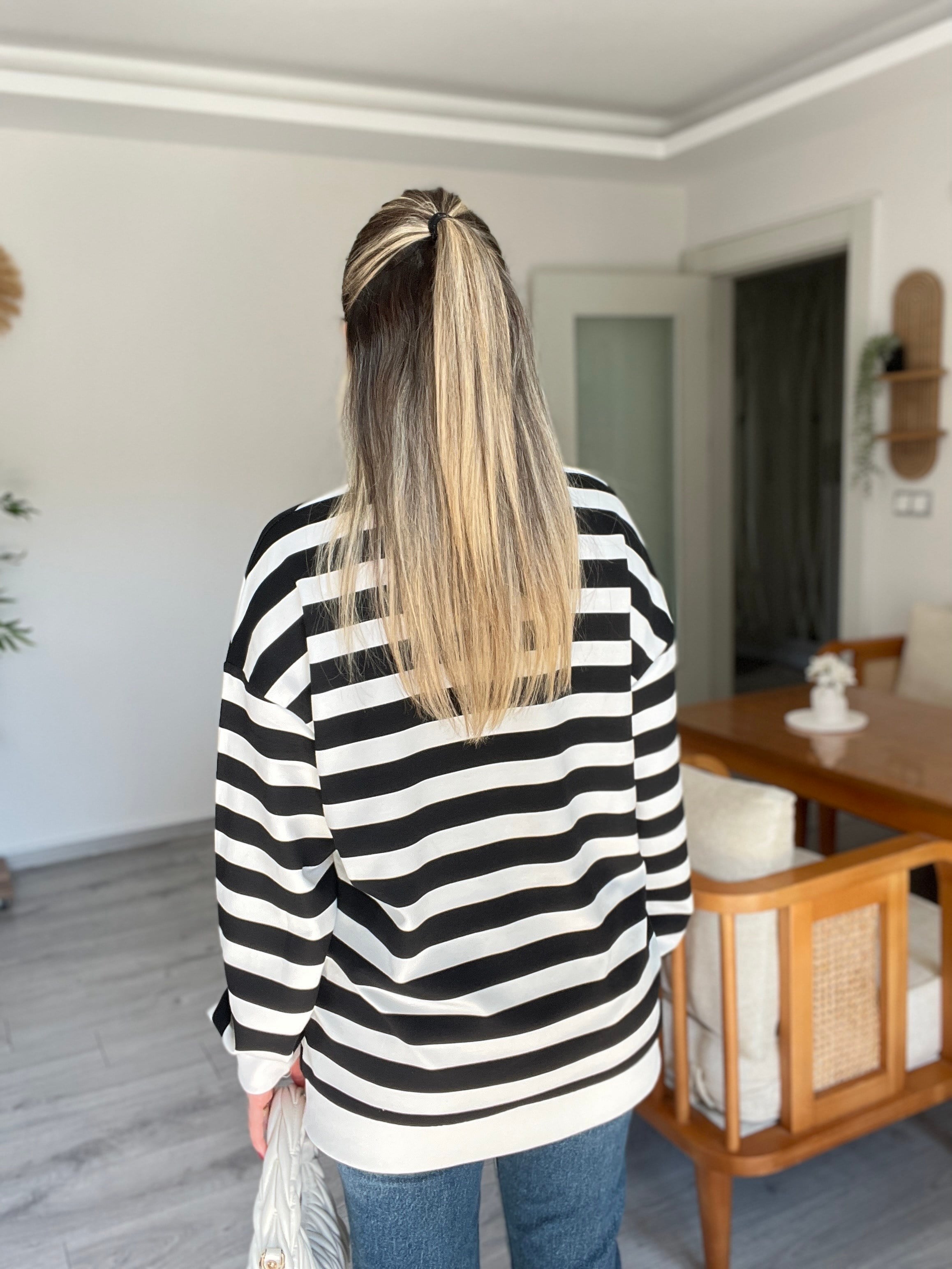 Siyah Beyaz Çizgili Oversize Modal Sweatshirt 