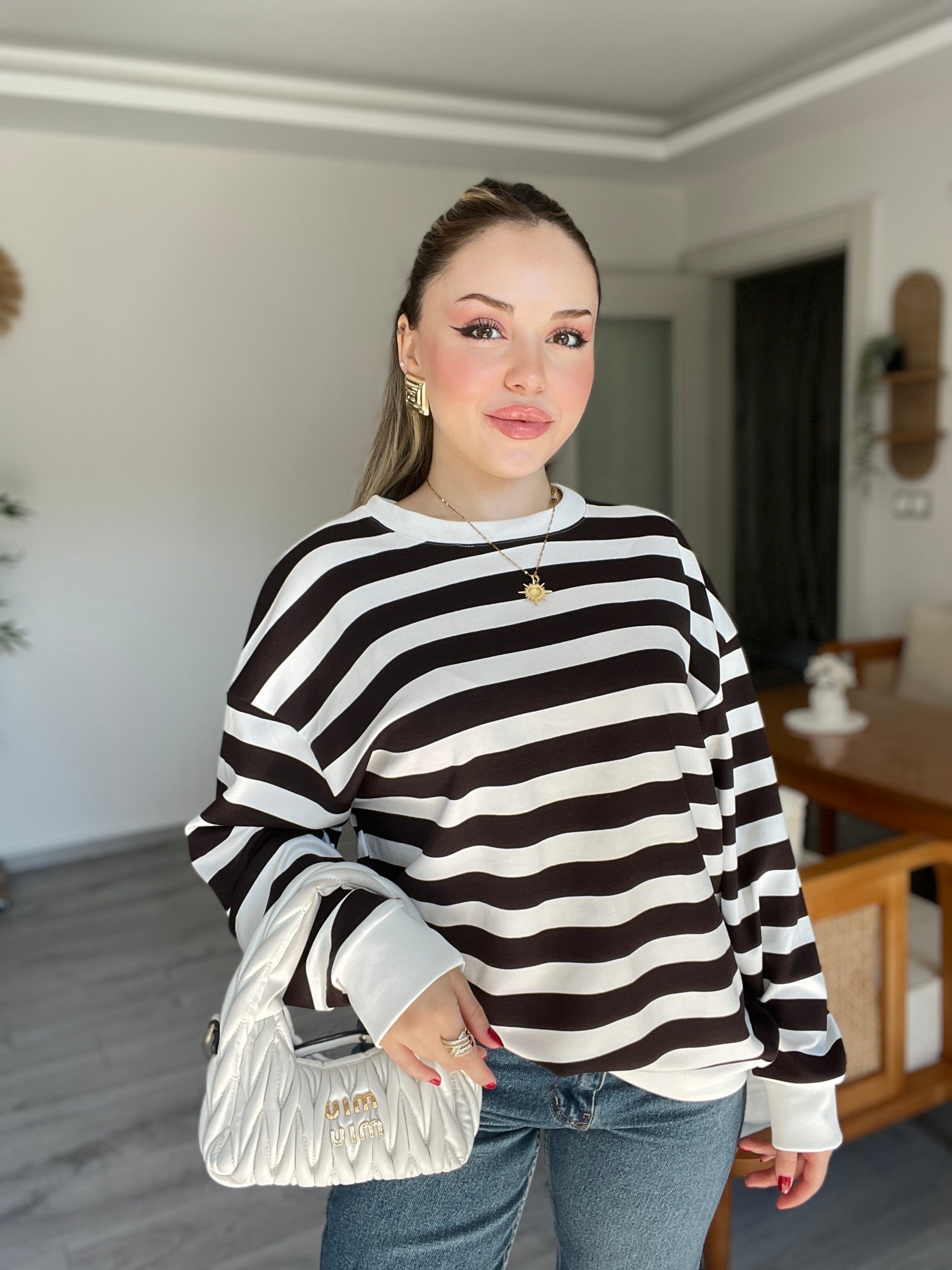 Siyah Beyaz Çizgili Oversize Modal Sweatshirt 