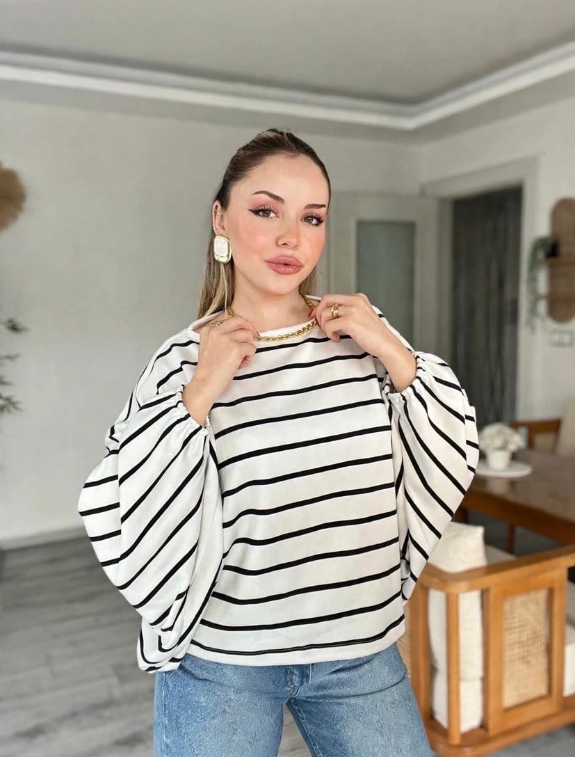 Siyah Beyaz Çizgili Yarasa Kol Oversize Modal Bluz