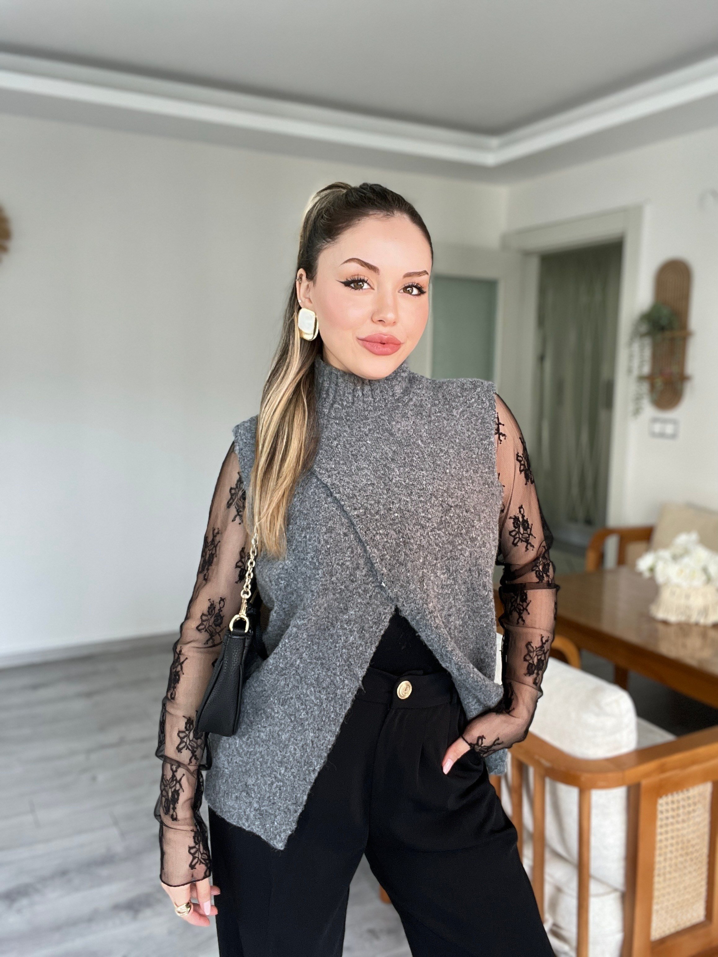 Siyah Dantel Bluz Antrasit Süveter 2 li Takım