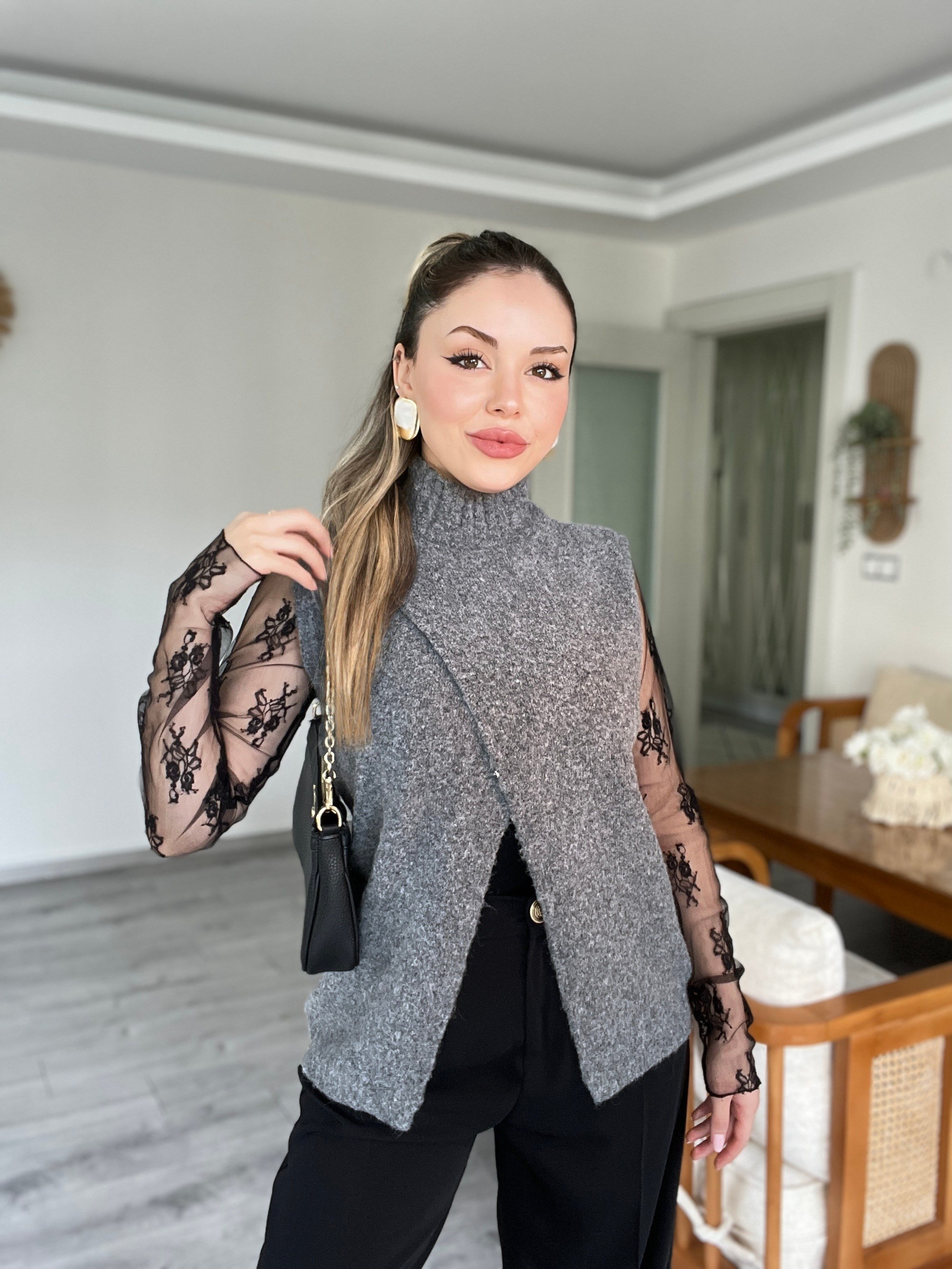 Siyah Dantel Bluz Antrasit Süveter 2 li Takım