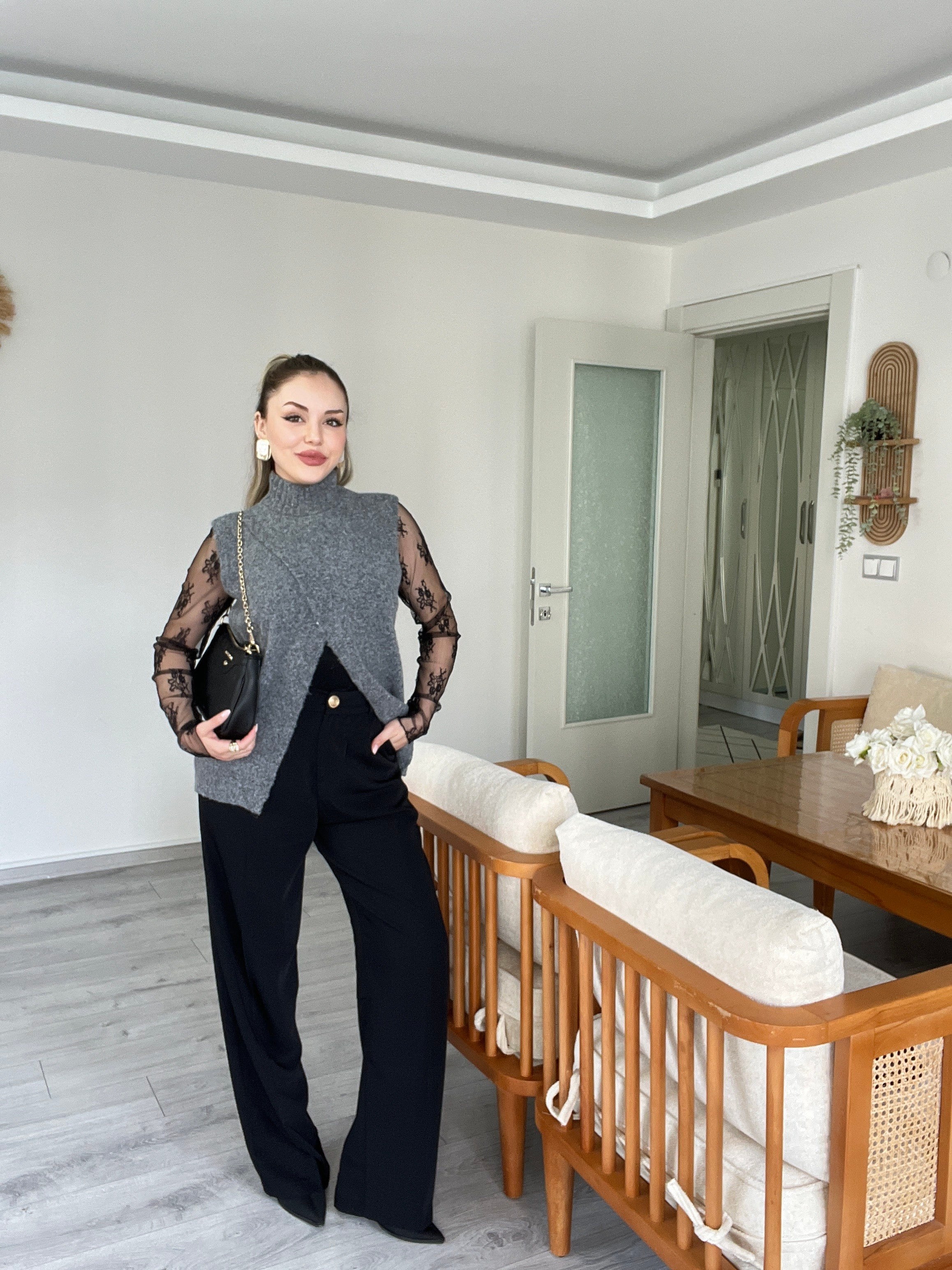 Siyah Dantel Bluz Antrasit Süveter 2 li Takım