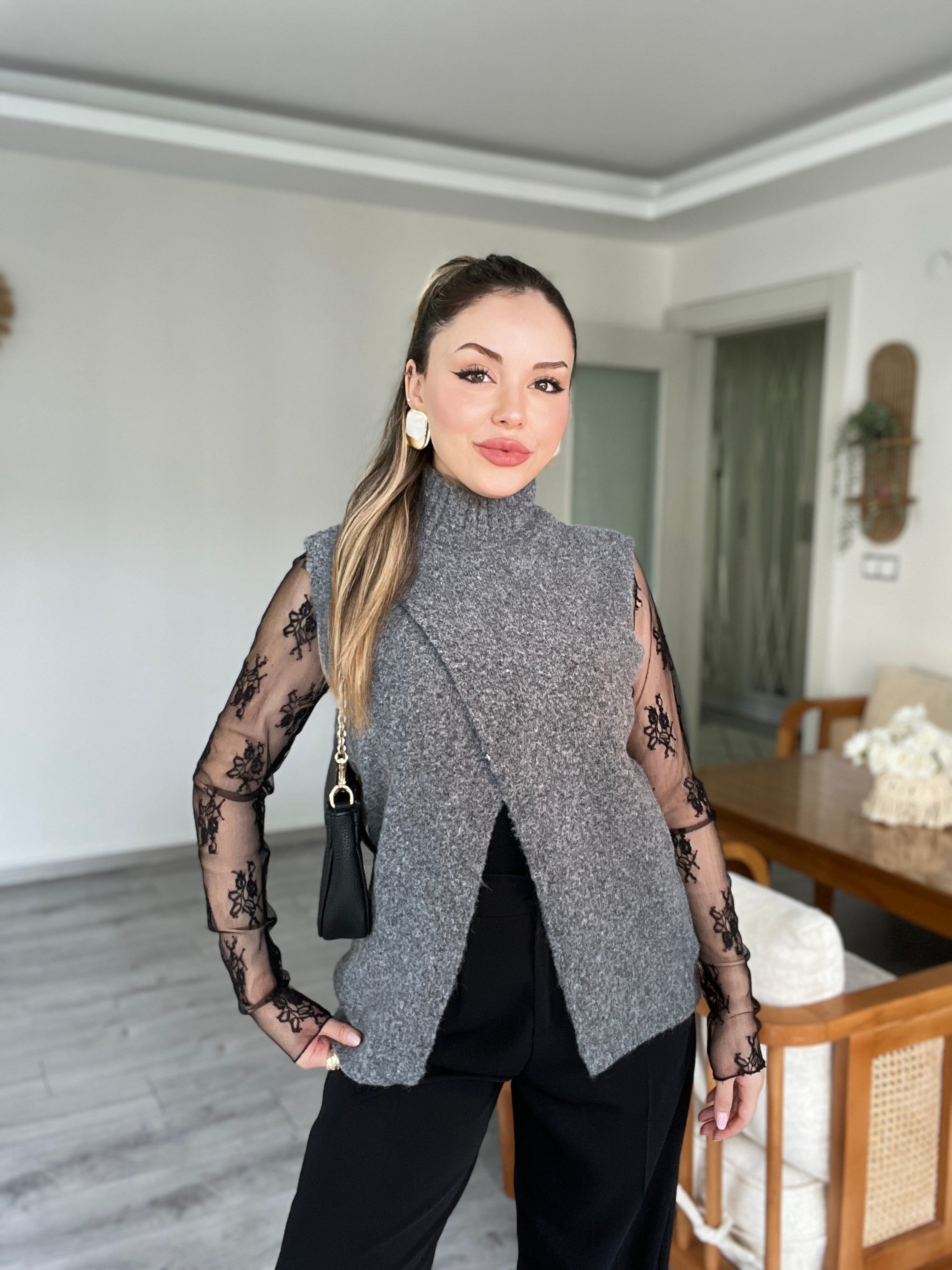 Siyah Dantel Bluz Antrasit Süveter 2 li Takım