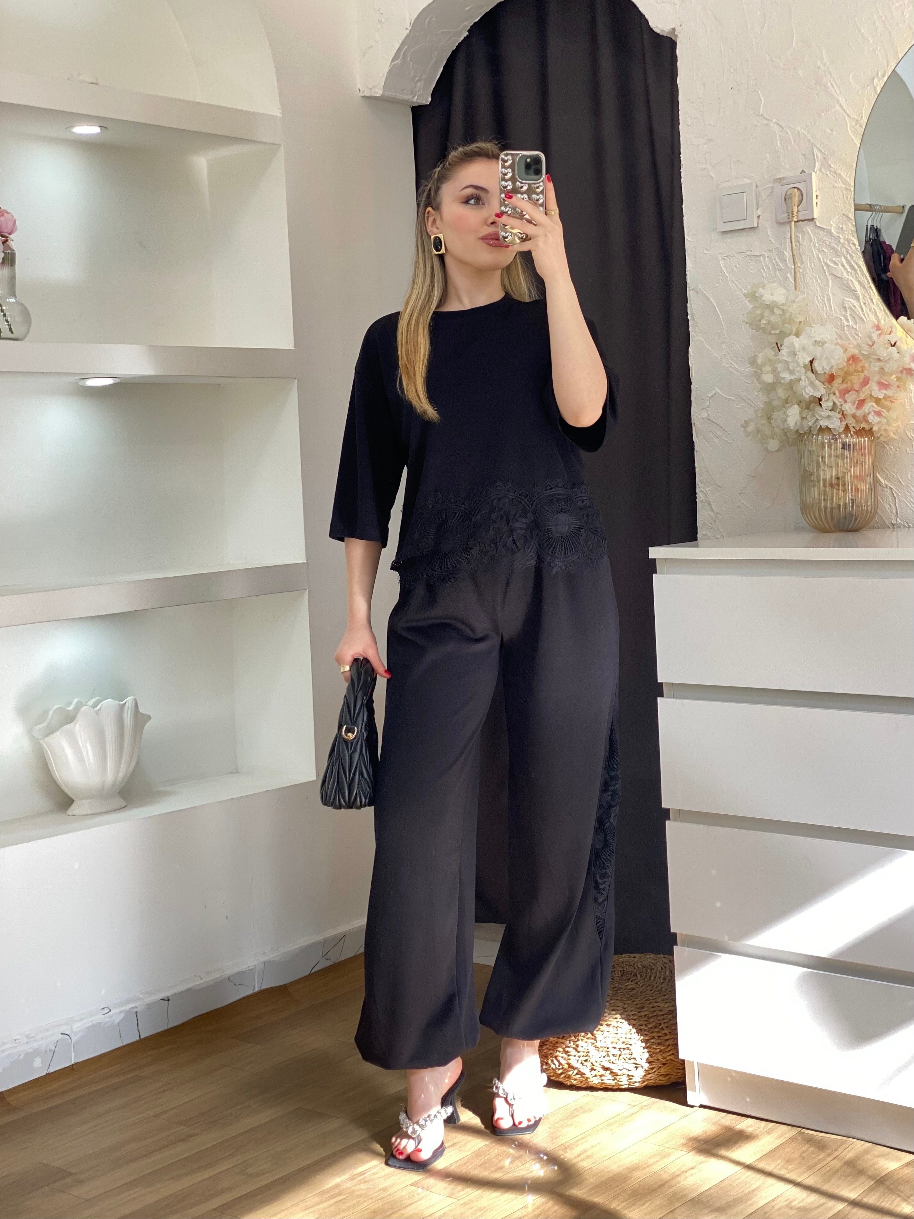 Siyah Dantel Detaylı Modal Takım