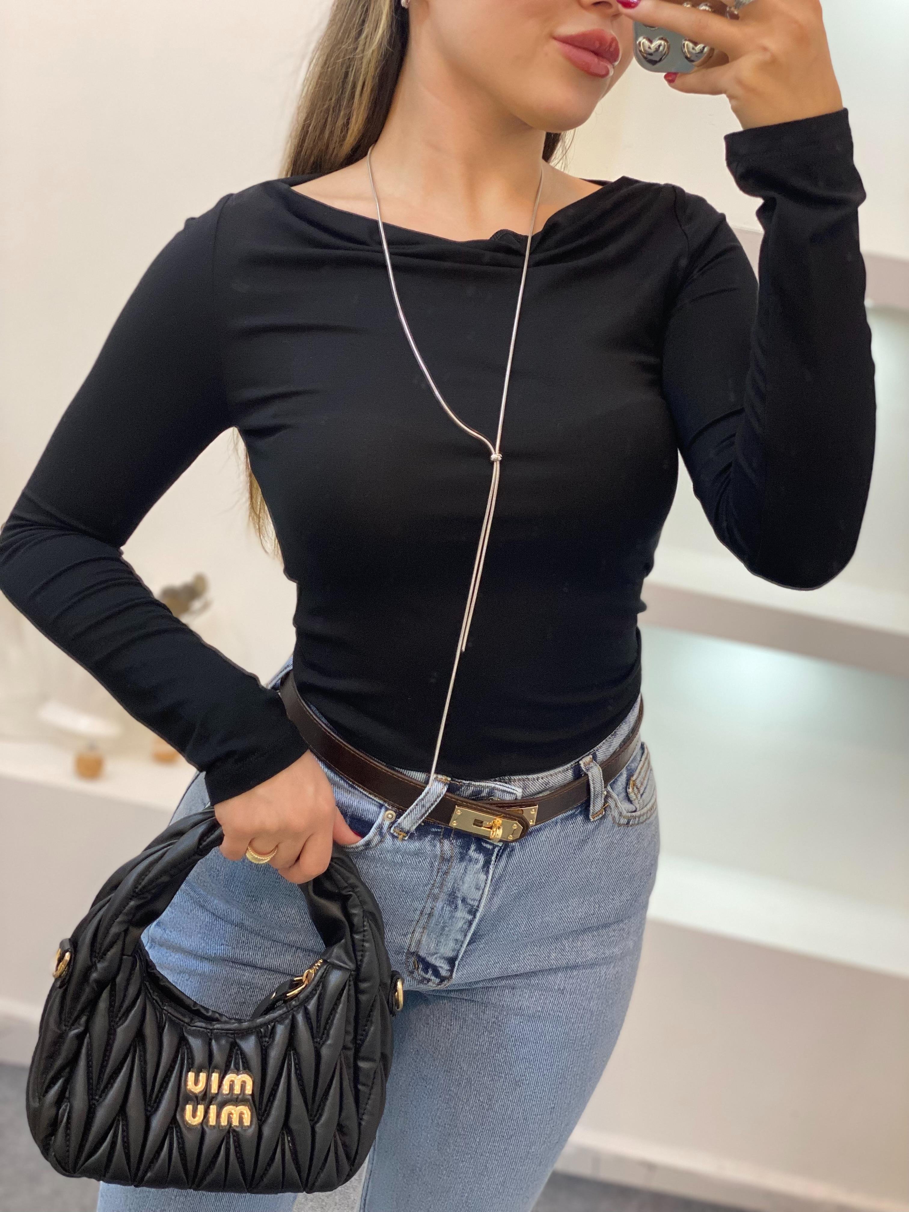 Siyah Degaje Yaka Basic Bluz