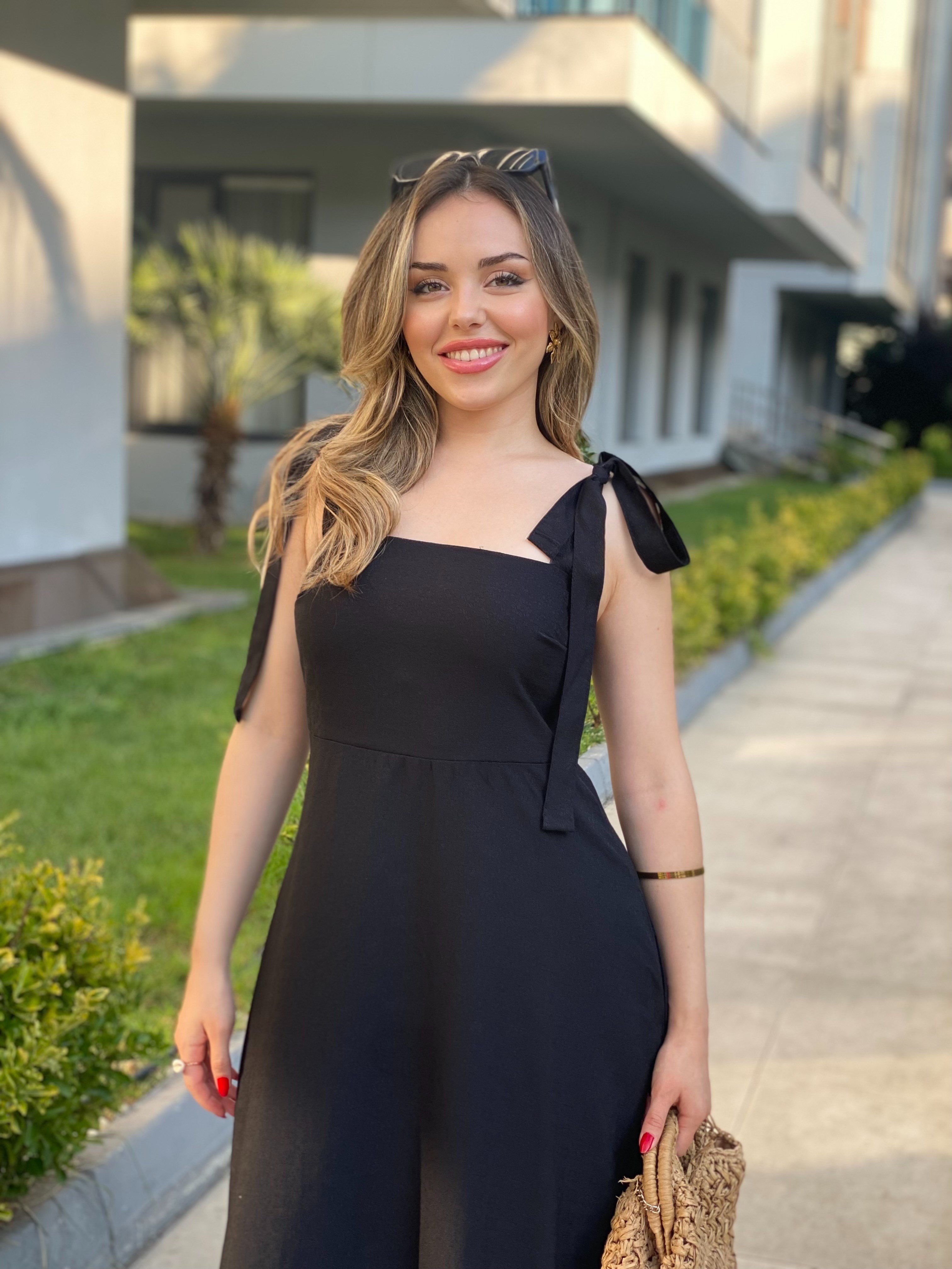 Siyah Desenli Omuz Bağlamalı Model Gipeli Elbise