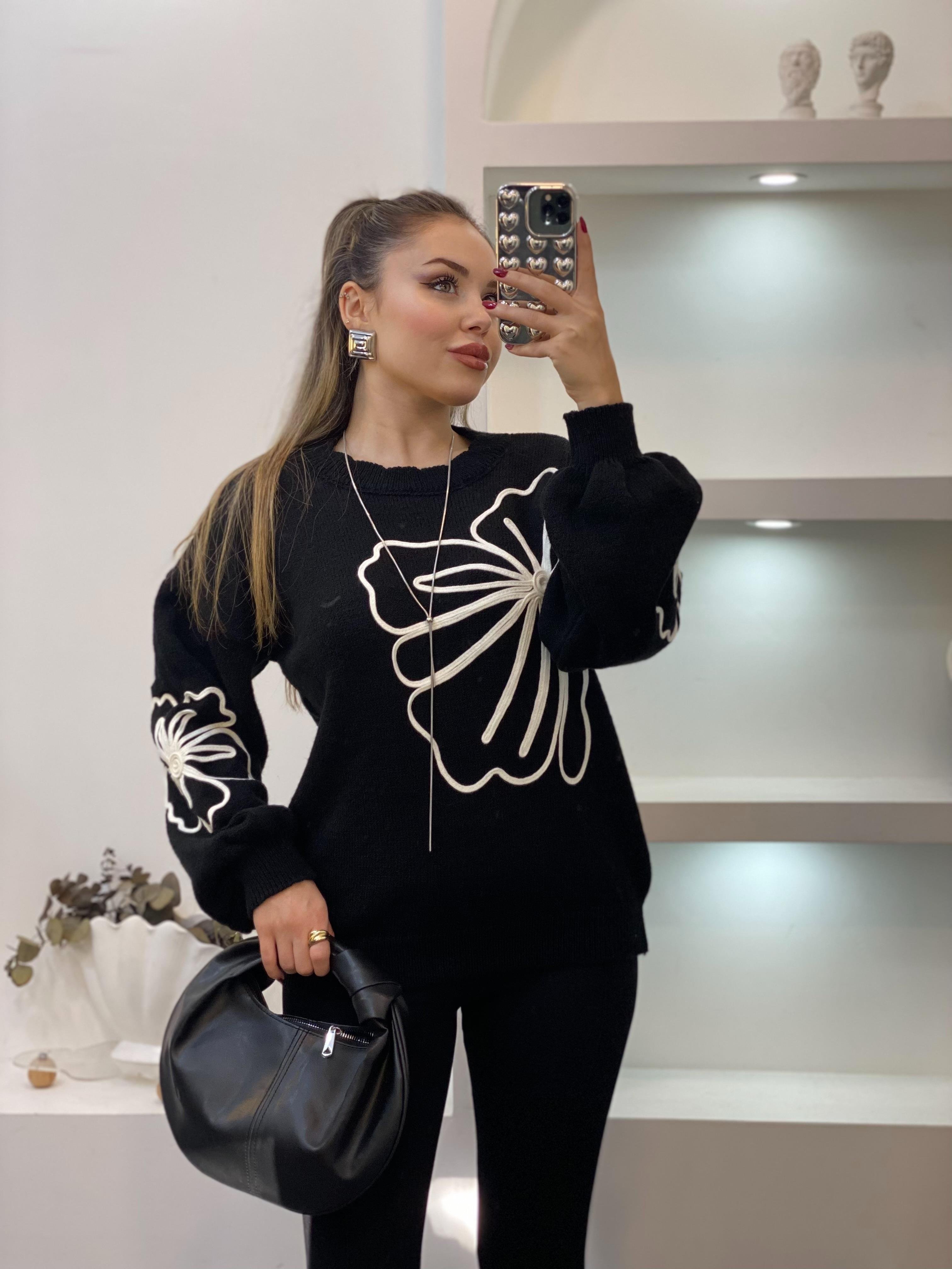 Siyah Desenli Triko Kazak