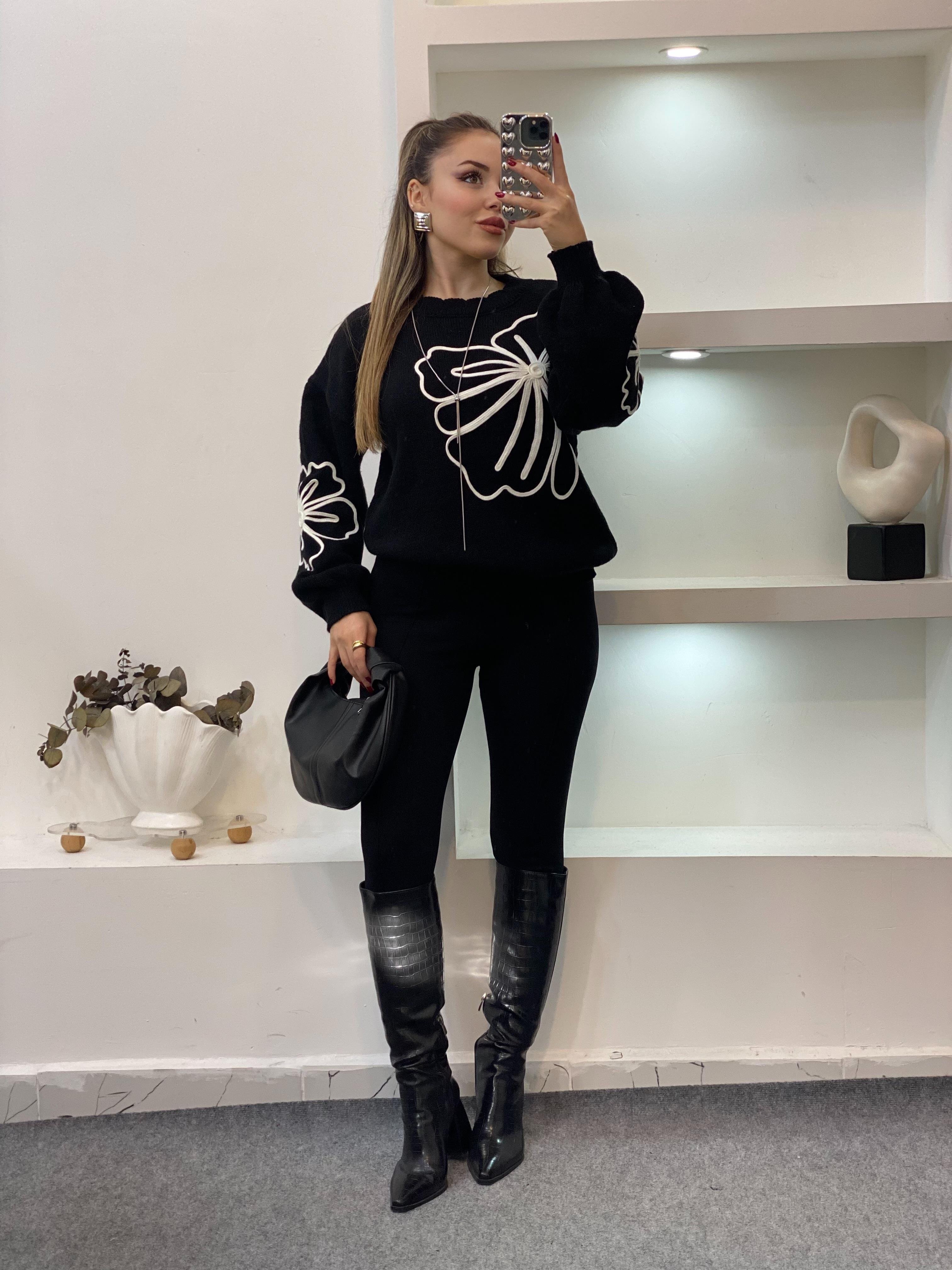 Siyah Desenli Triko Kazak