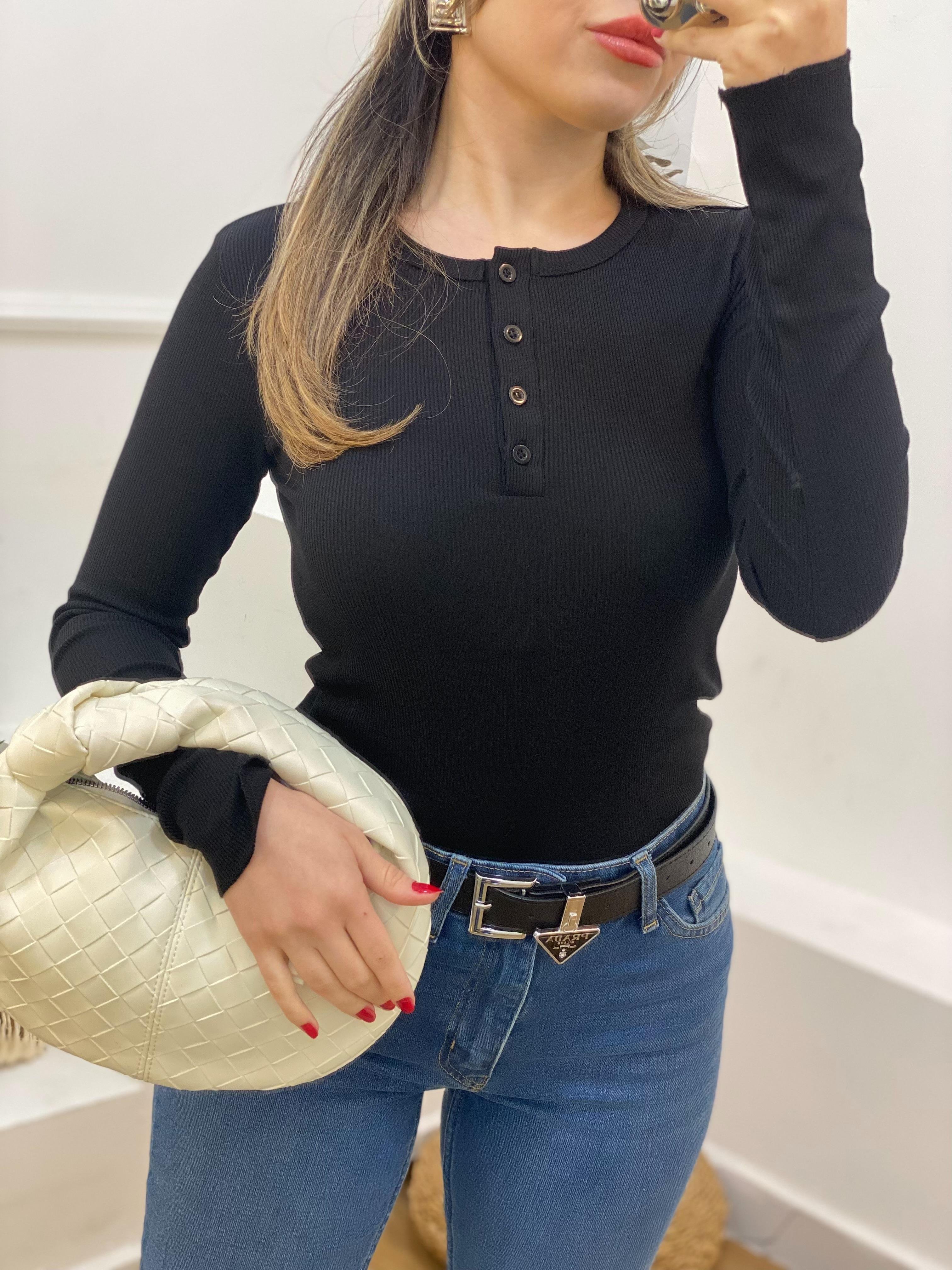 Siyah Düğmeli Fitilli Basic Bluz