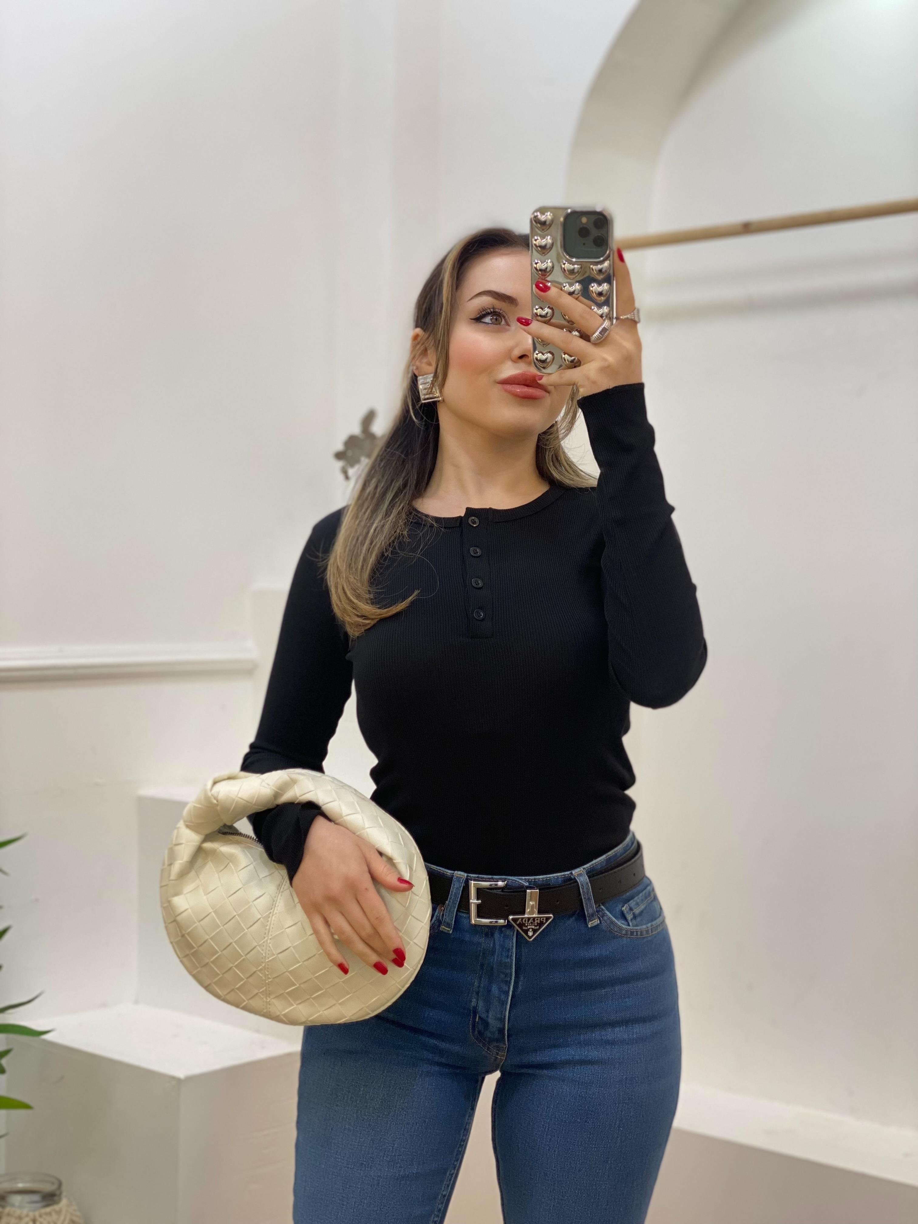 Siyah Düğmeli Fitilli Basic Bluz