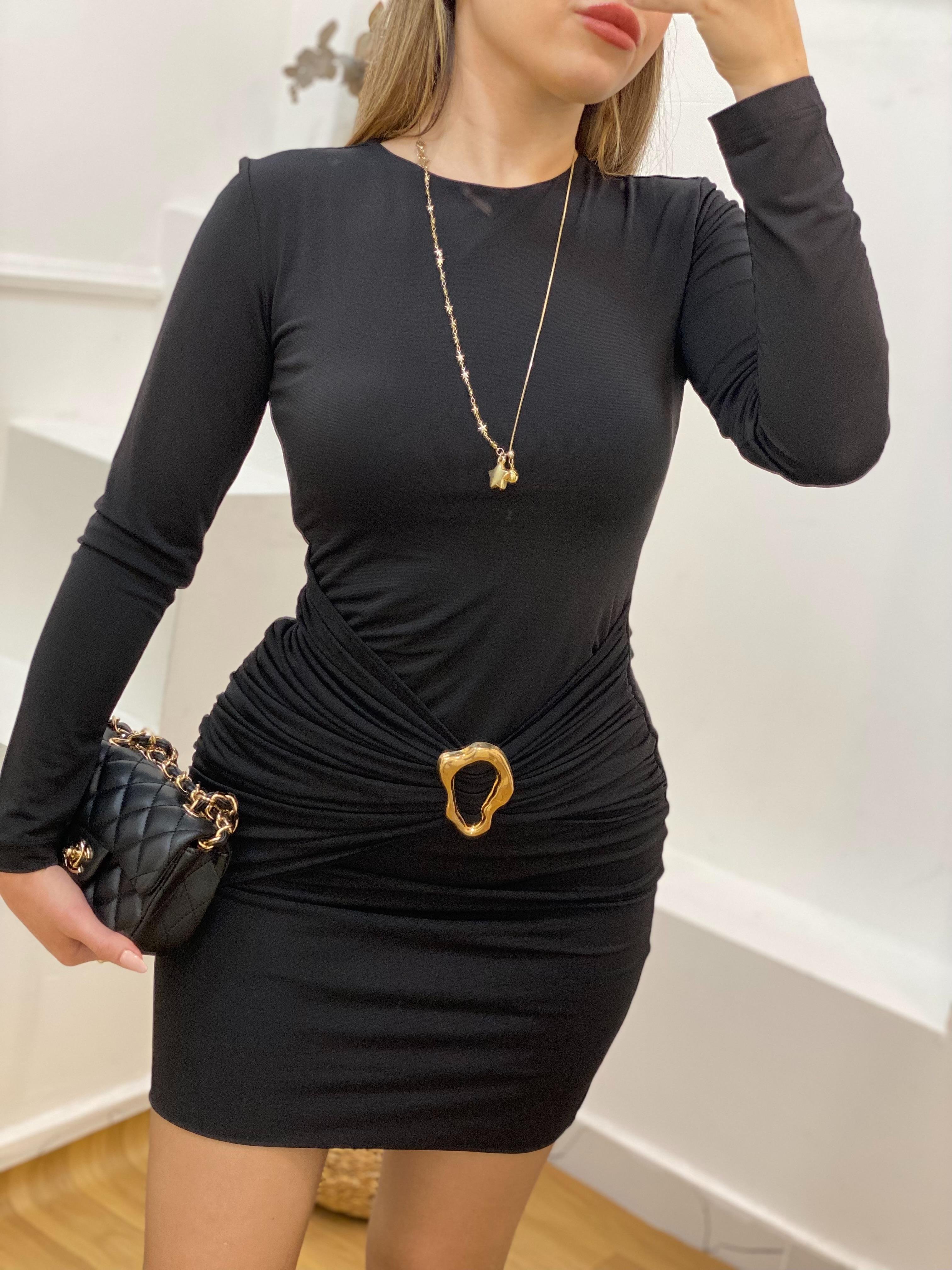 Siyah Gold Broş Detaylı Elbise