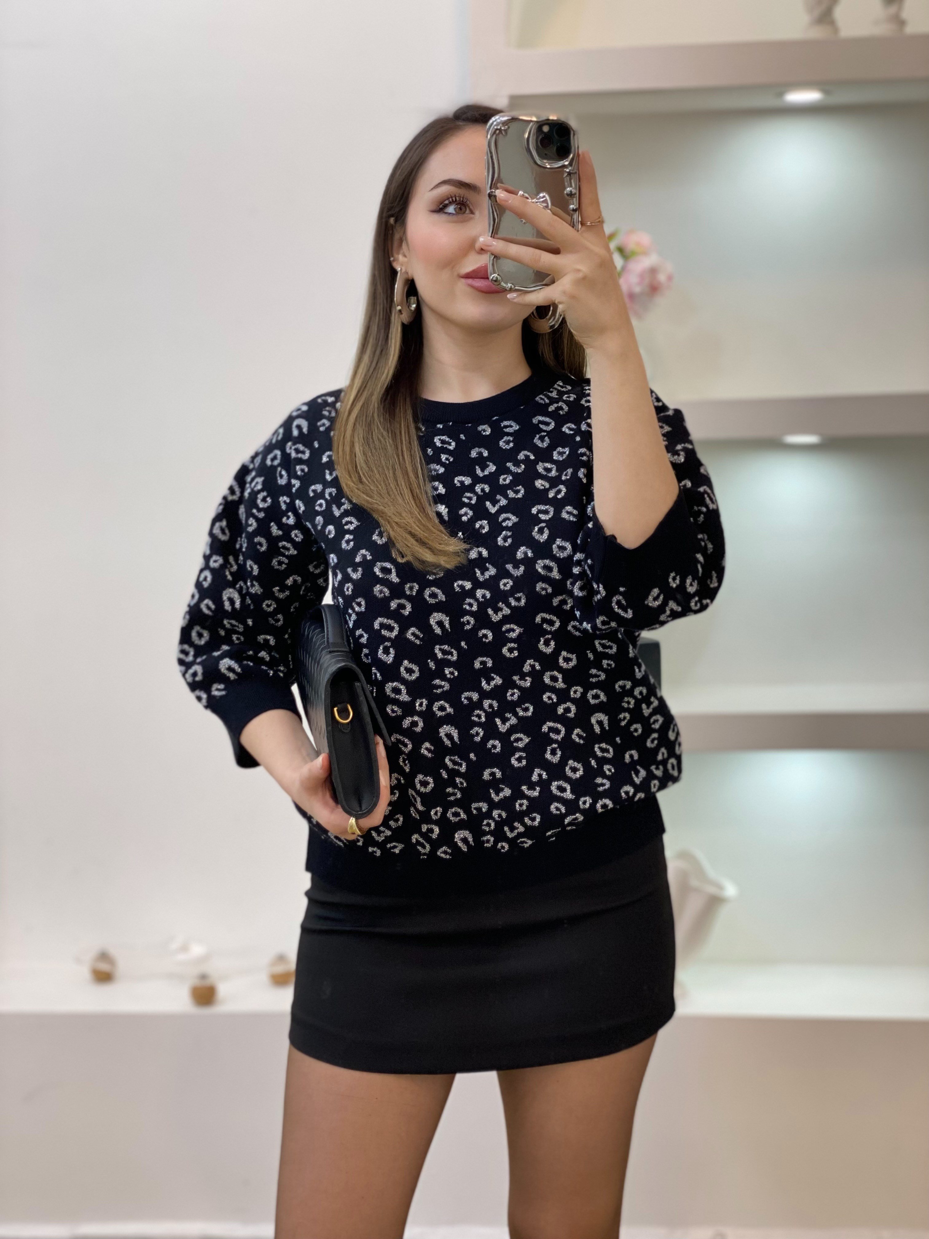 Siyah Gümüş Sim İplik Dokulu Triko