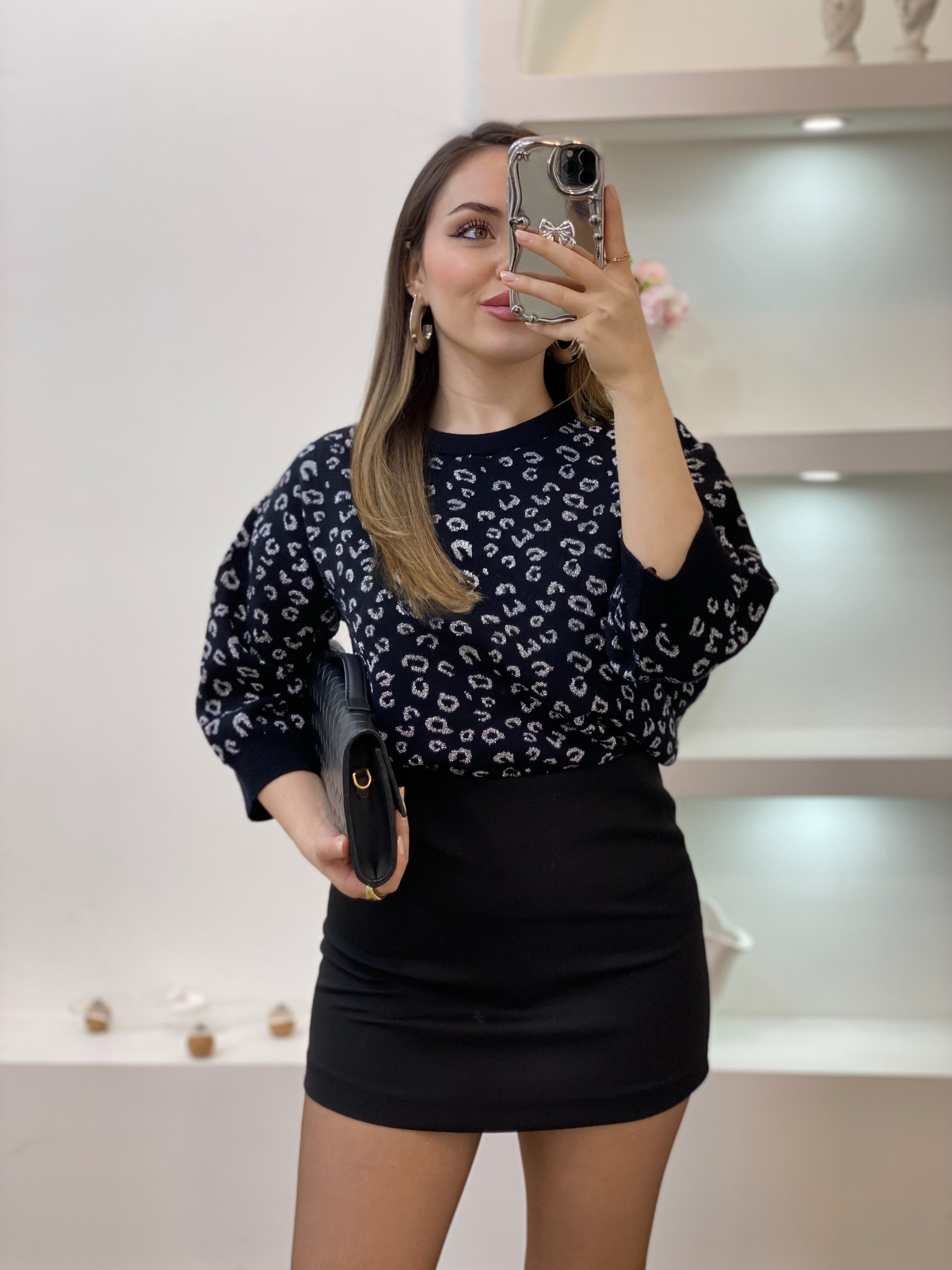 Siyah Gümüş Sim İplik Dokulu Triko