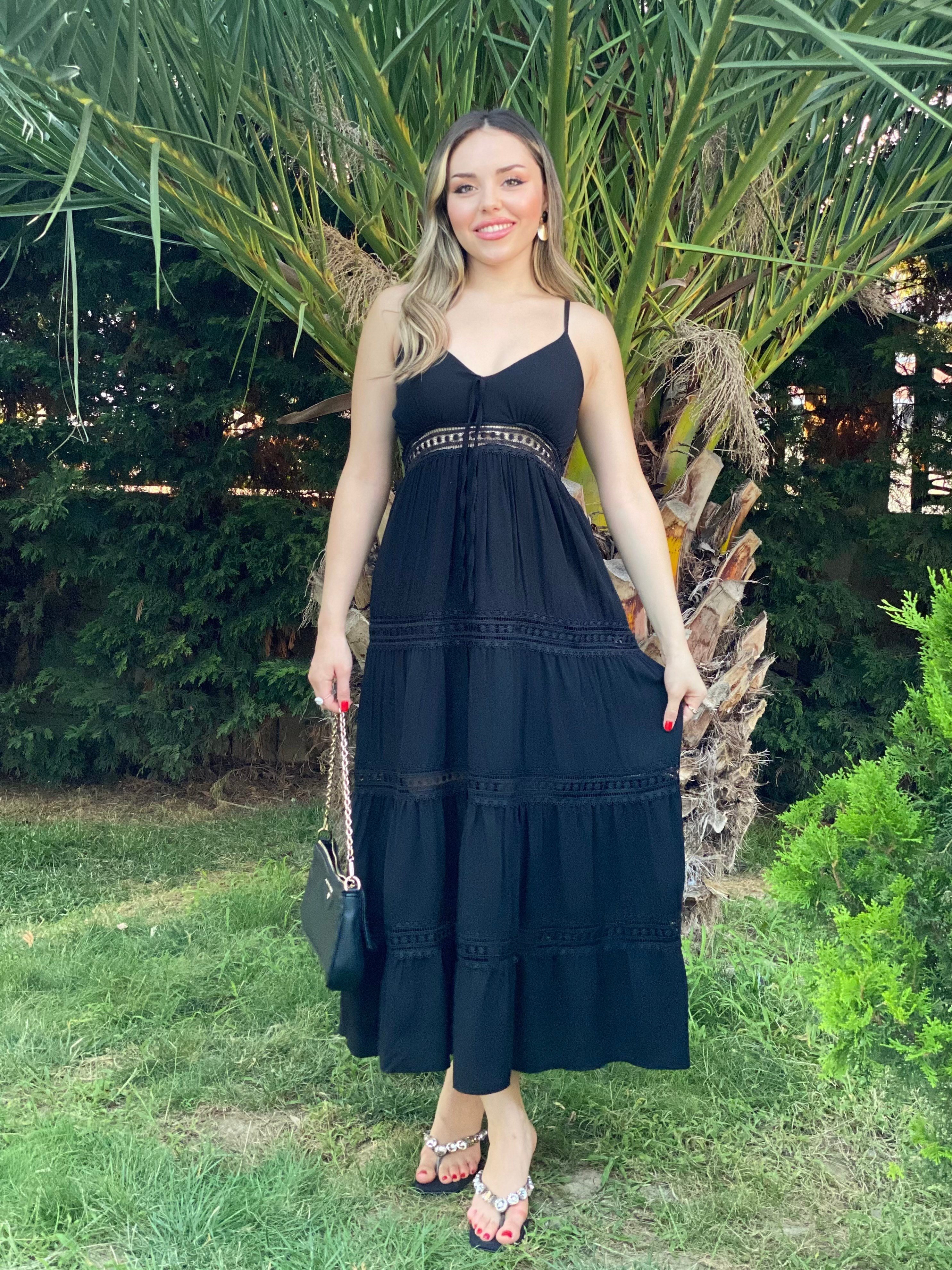 Siyah İp Askılı Nora Elbise 