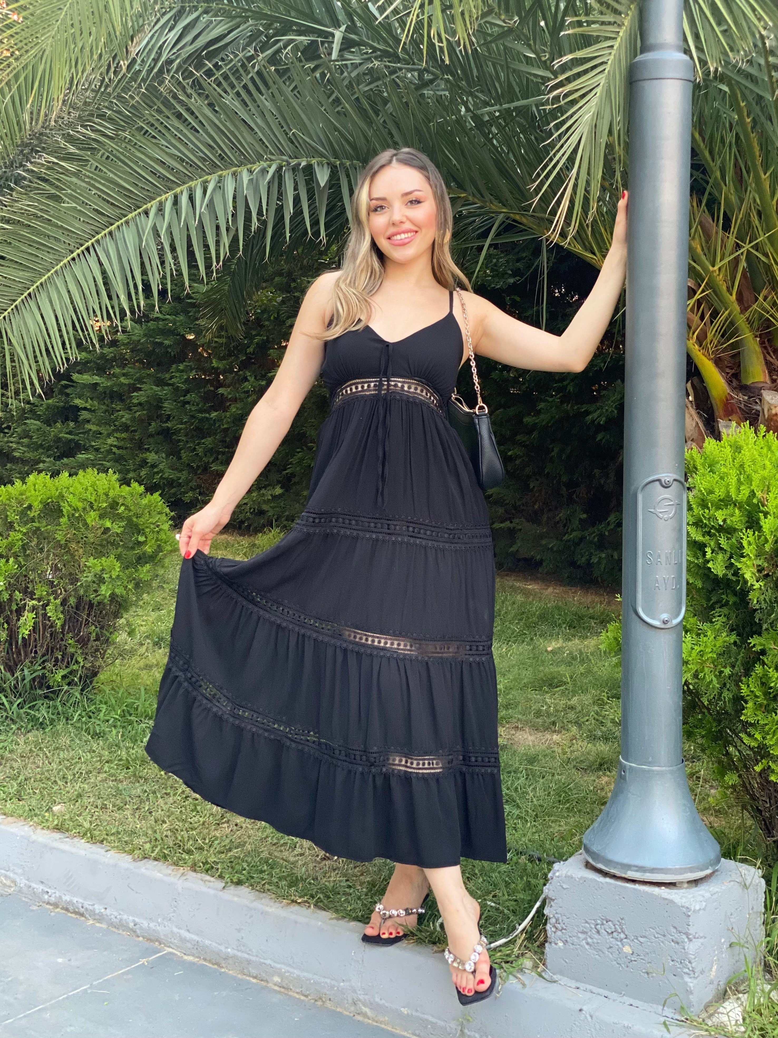 Siyah İp Askılı Nora Elbise 