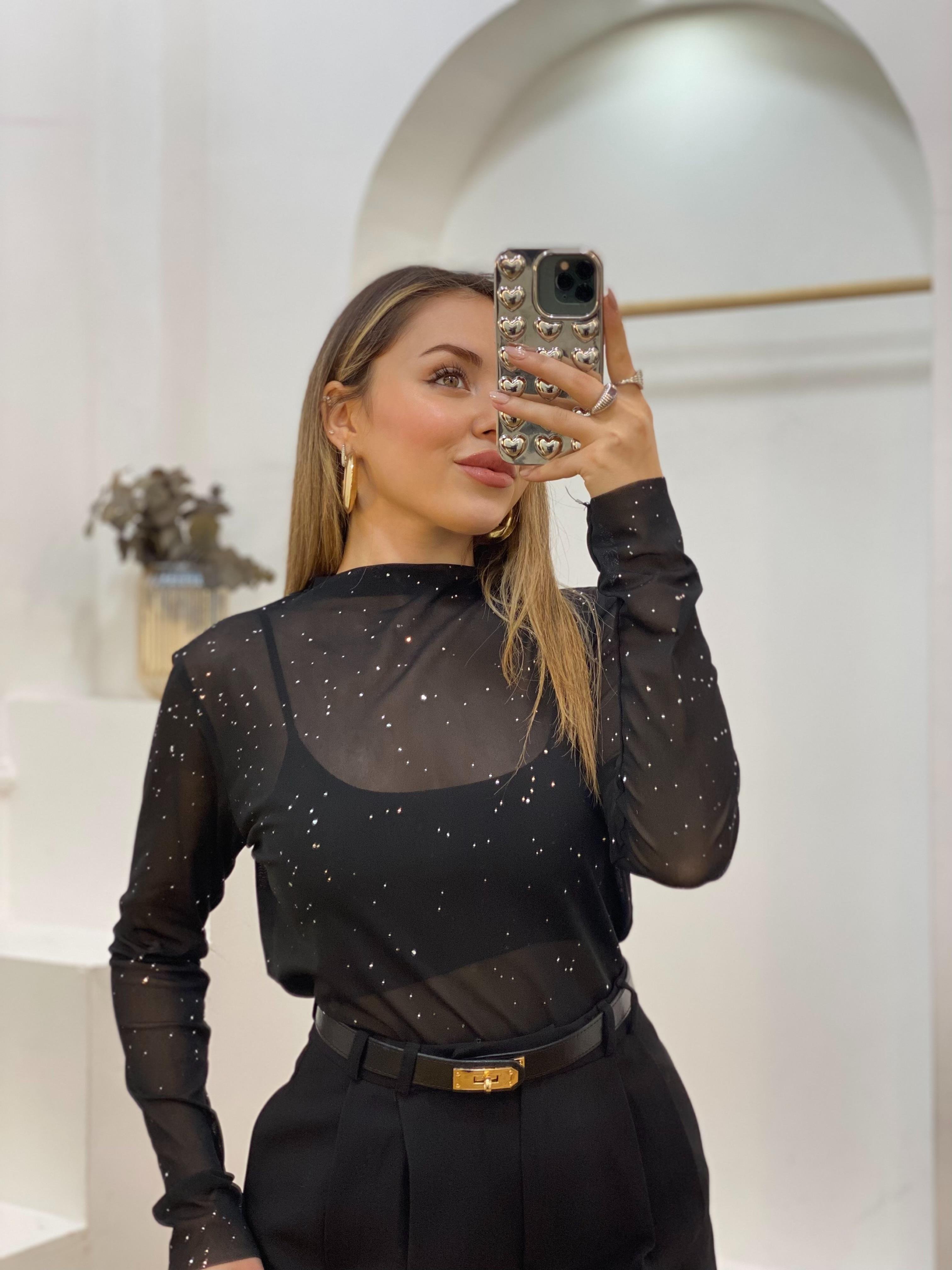 Siyah Işıltılı Tül Bluz